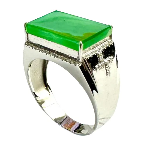 18K White Gold Jade Diamond Men Ring