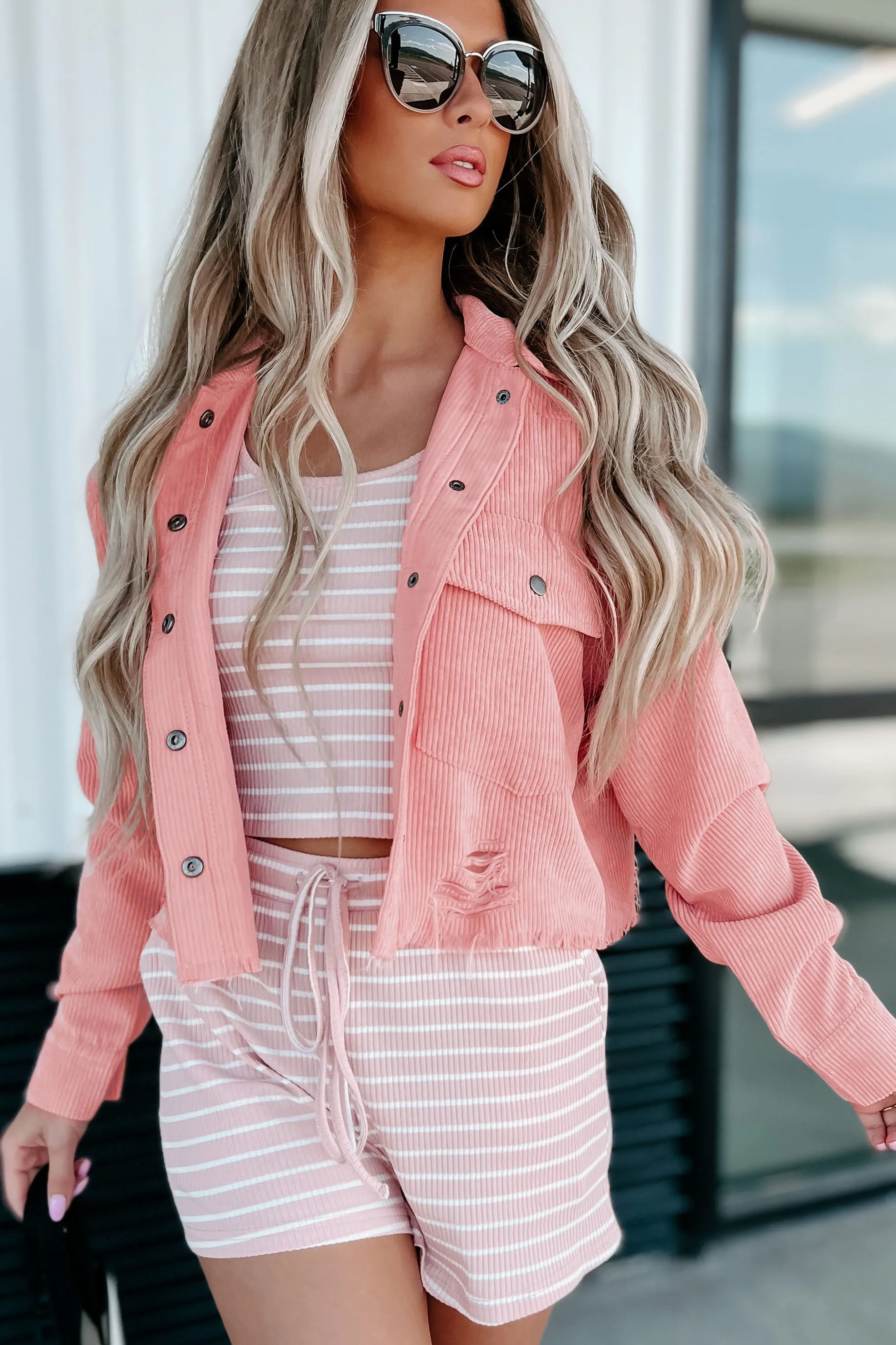 Addicted To Casual Distressed Corduroy Shacket (Pink)