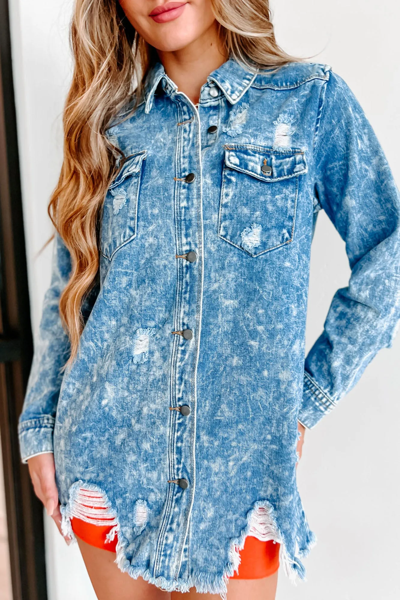 All Your Needs Distressed Long Denim Shacket (Medium)