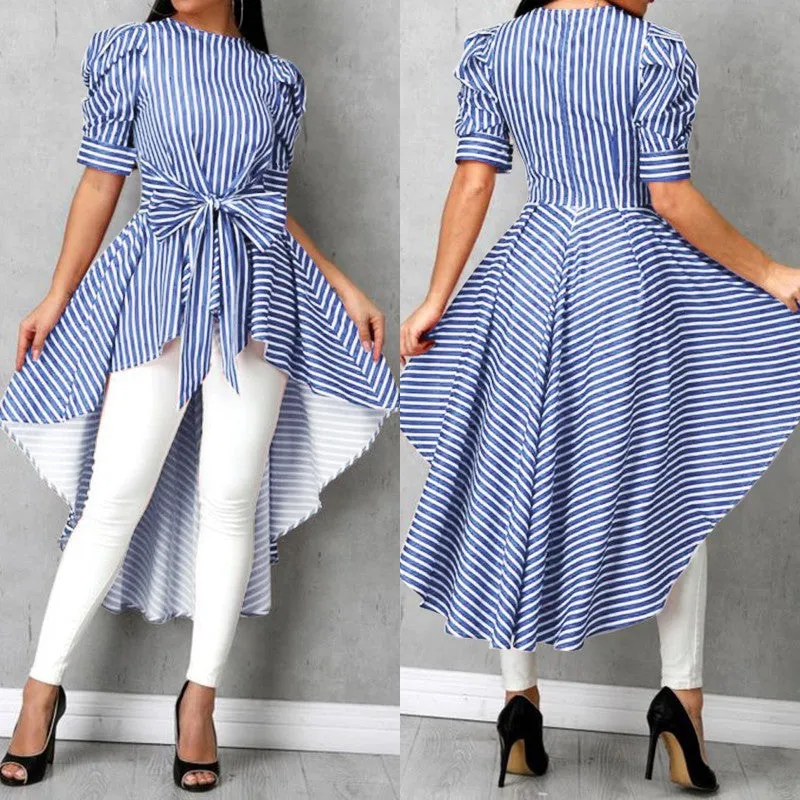 Asymmetrical Striped Blouse Summer Puff Sleeve Shirt