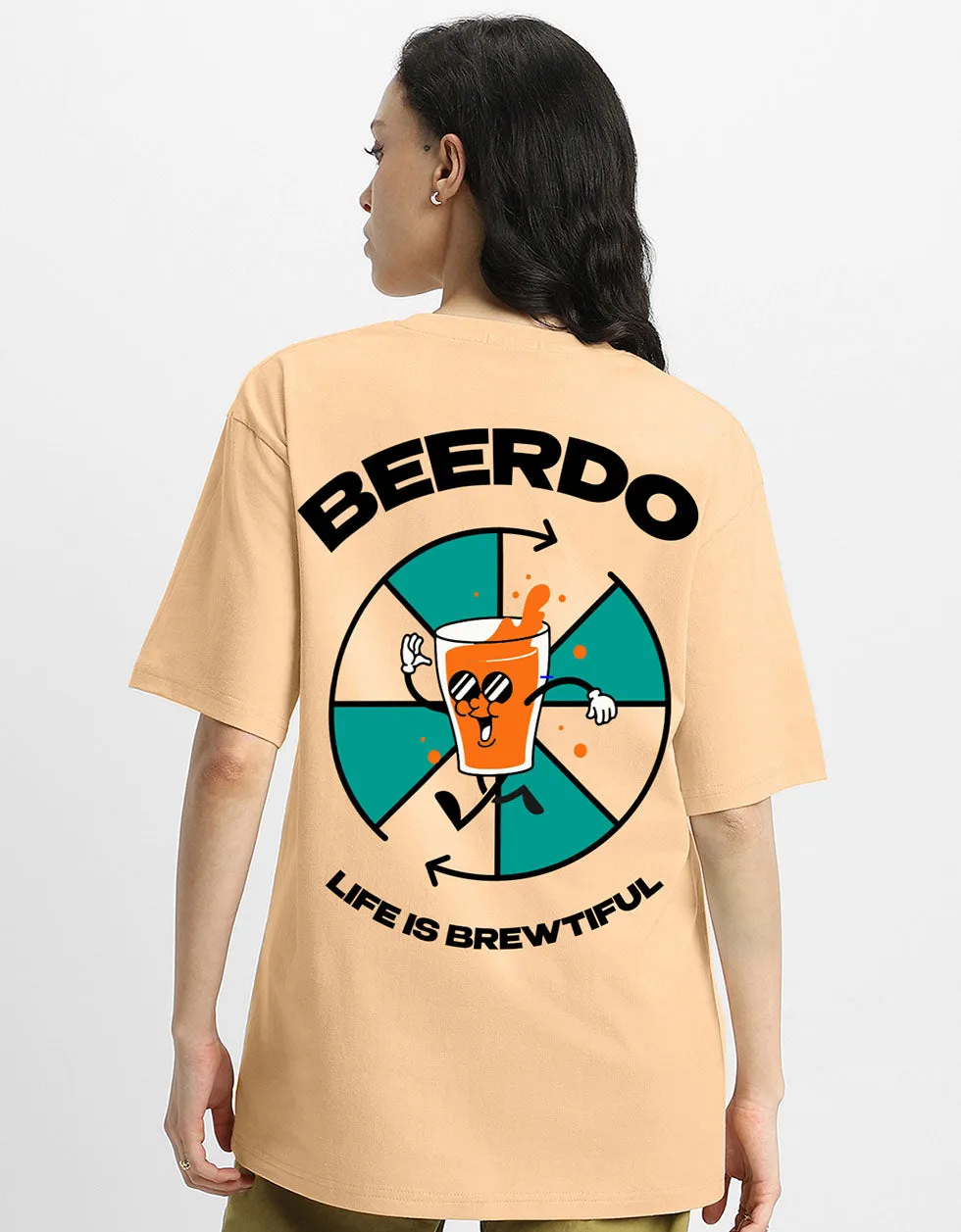 BEERDO Women Beige Oversized Back Puff Printed Tshirt