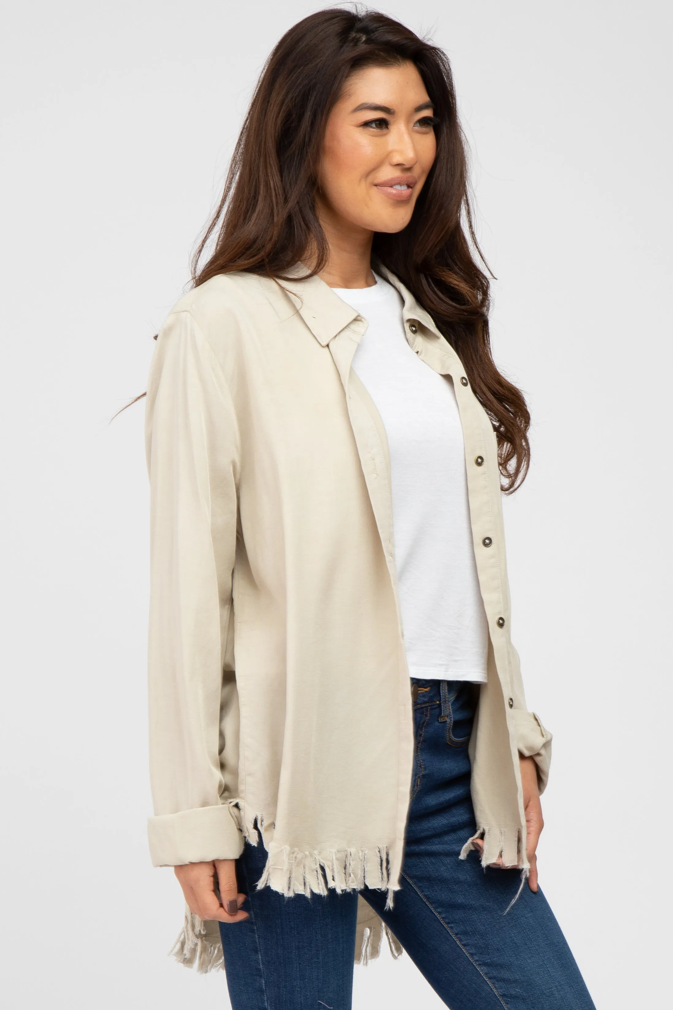 Beige Distressed Hi-Low Button Up Top