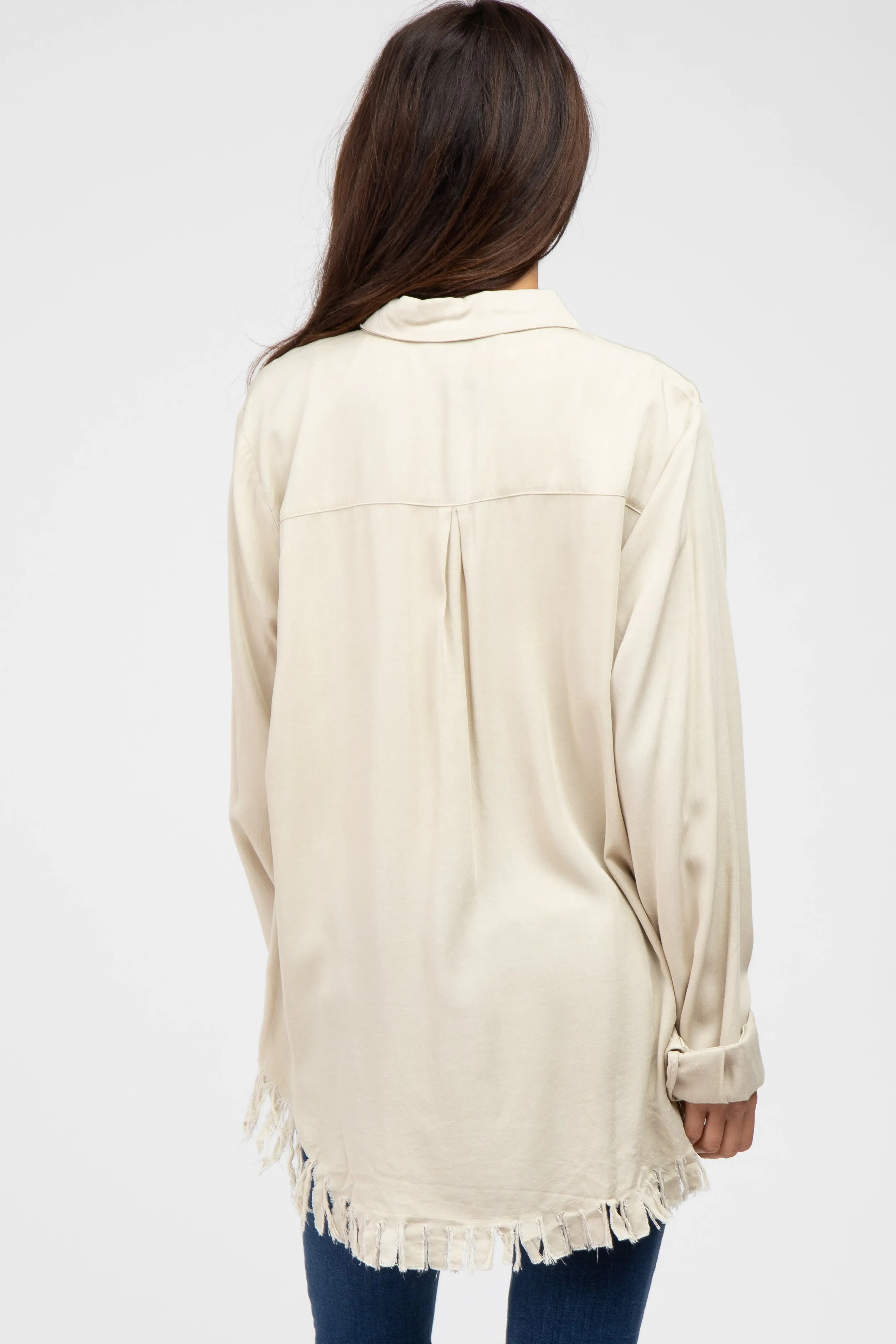 Beige Distressed Hi-Low Button Up Top