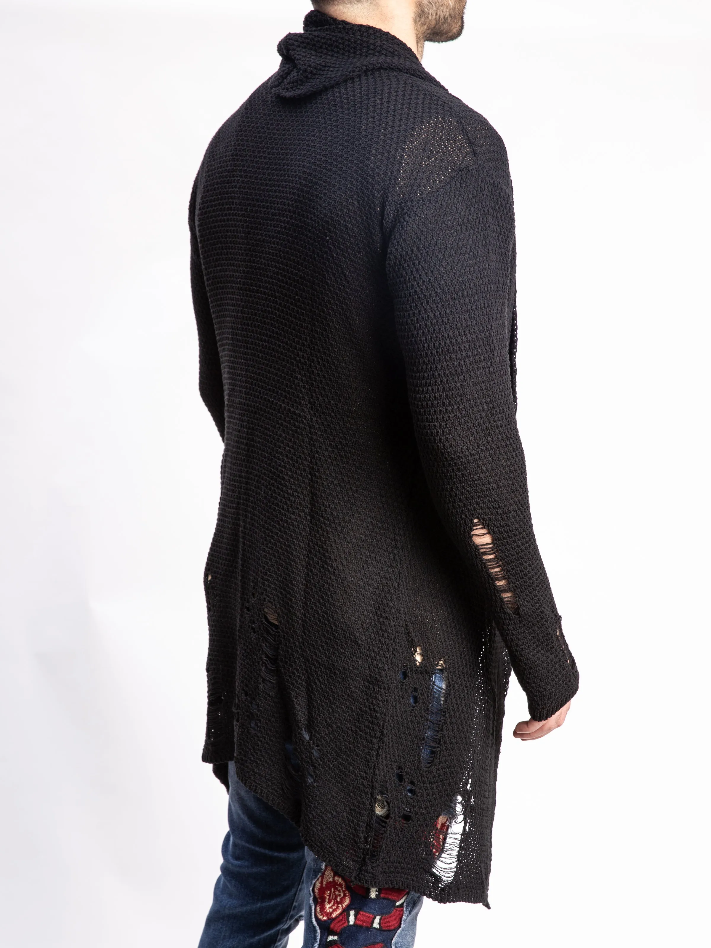 BLACK LONG DISTRESSED CARDIGAN