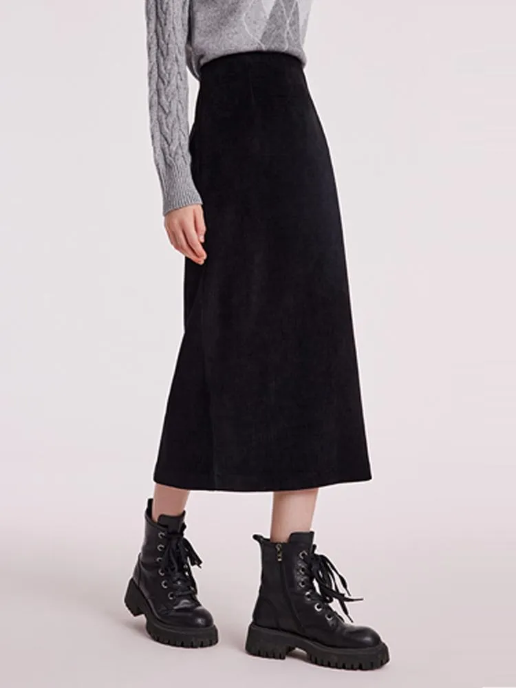 Black Straight Knitted Slit Women Skirt