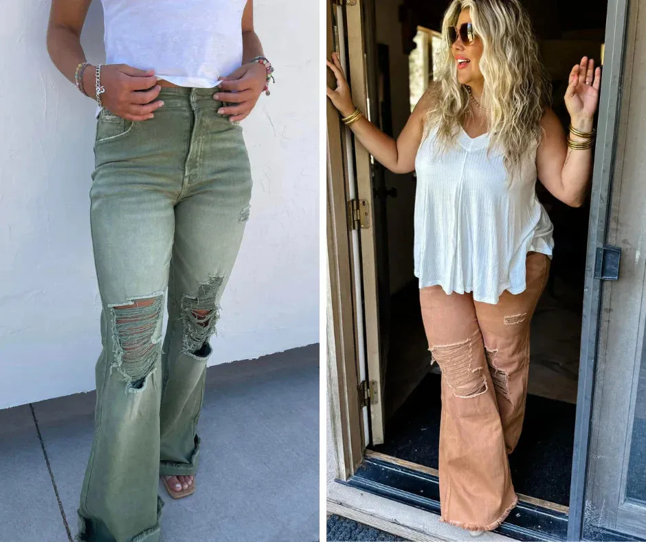 Blakeley Distressed Jeans In Olive and Camel