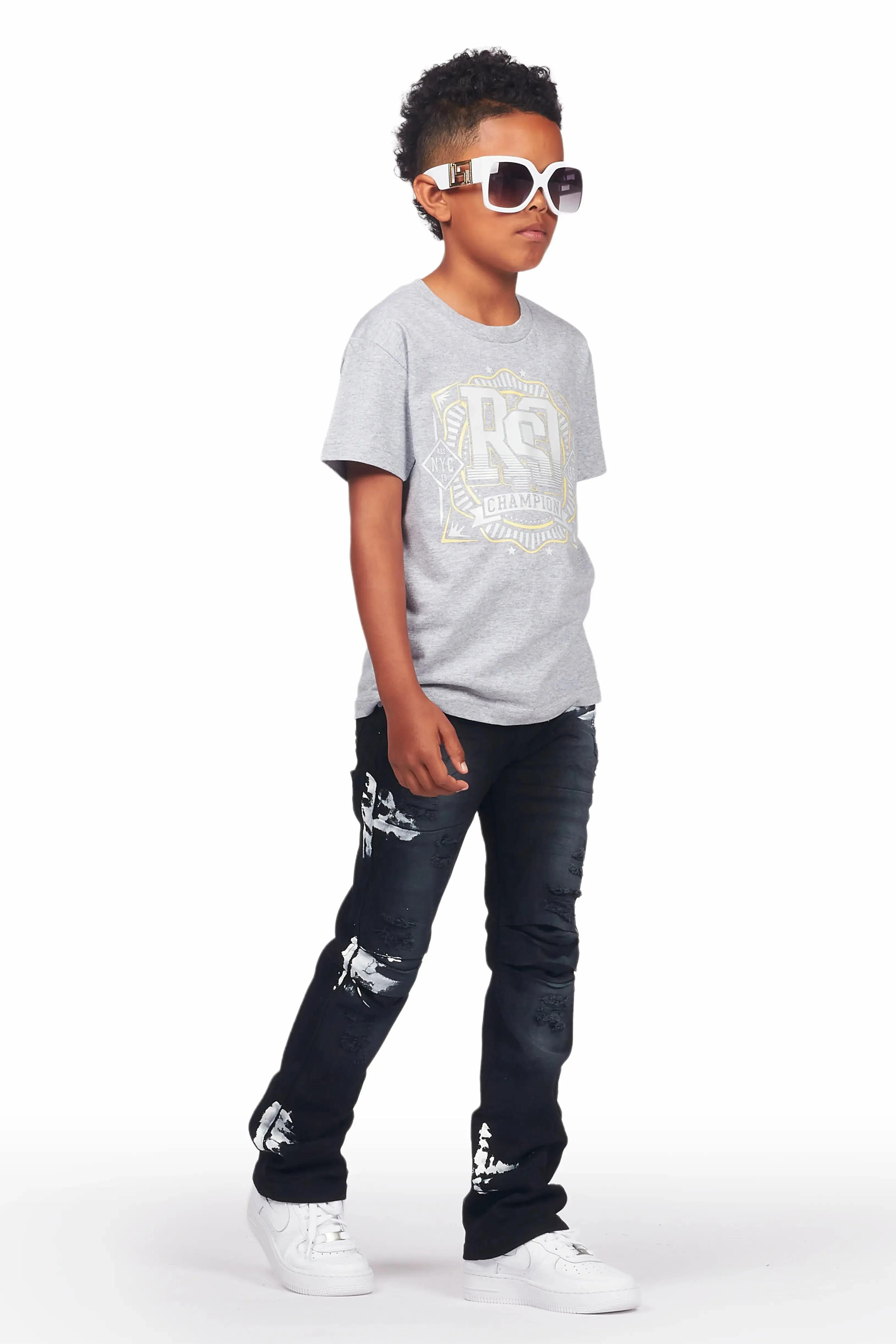 Boys Kane Black Painter Stacked Flare Jean