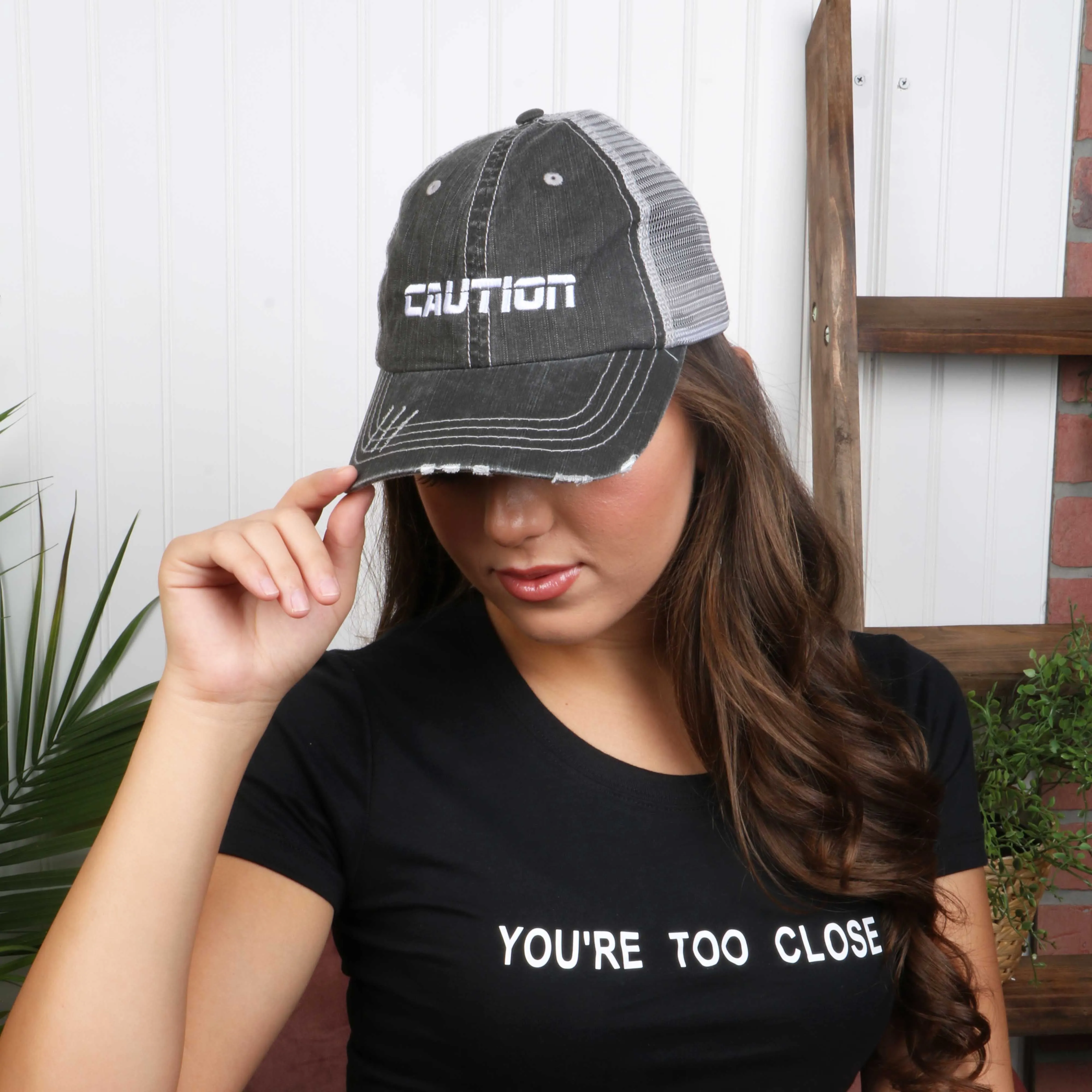 Caution Distressed Trucker Hat