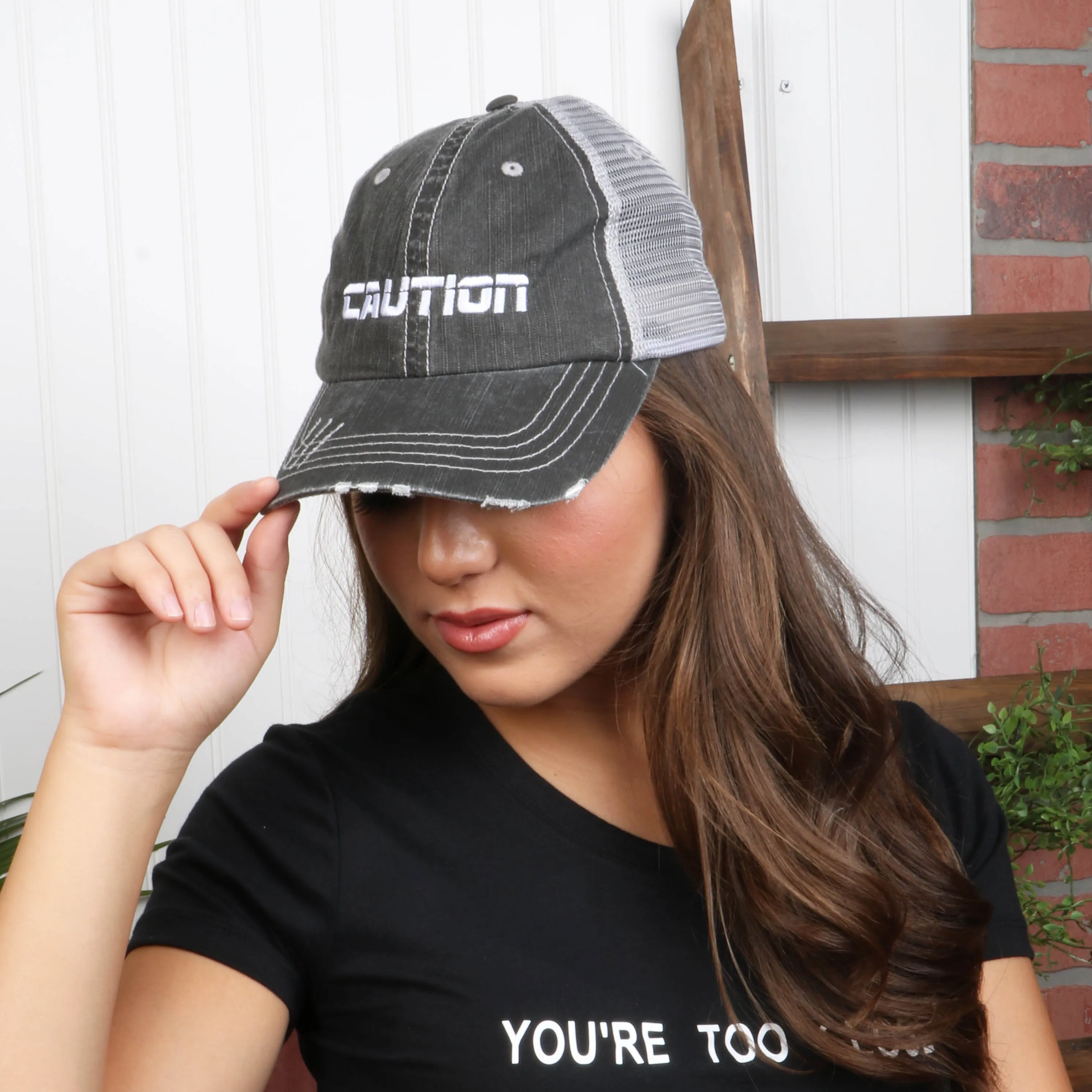 Caution Distressed Trucker Hat