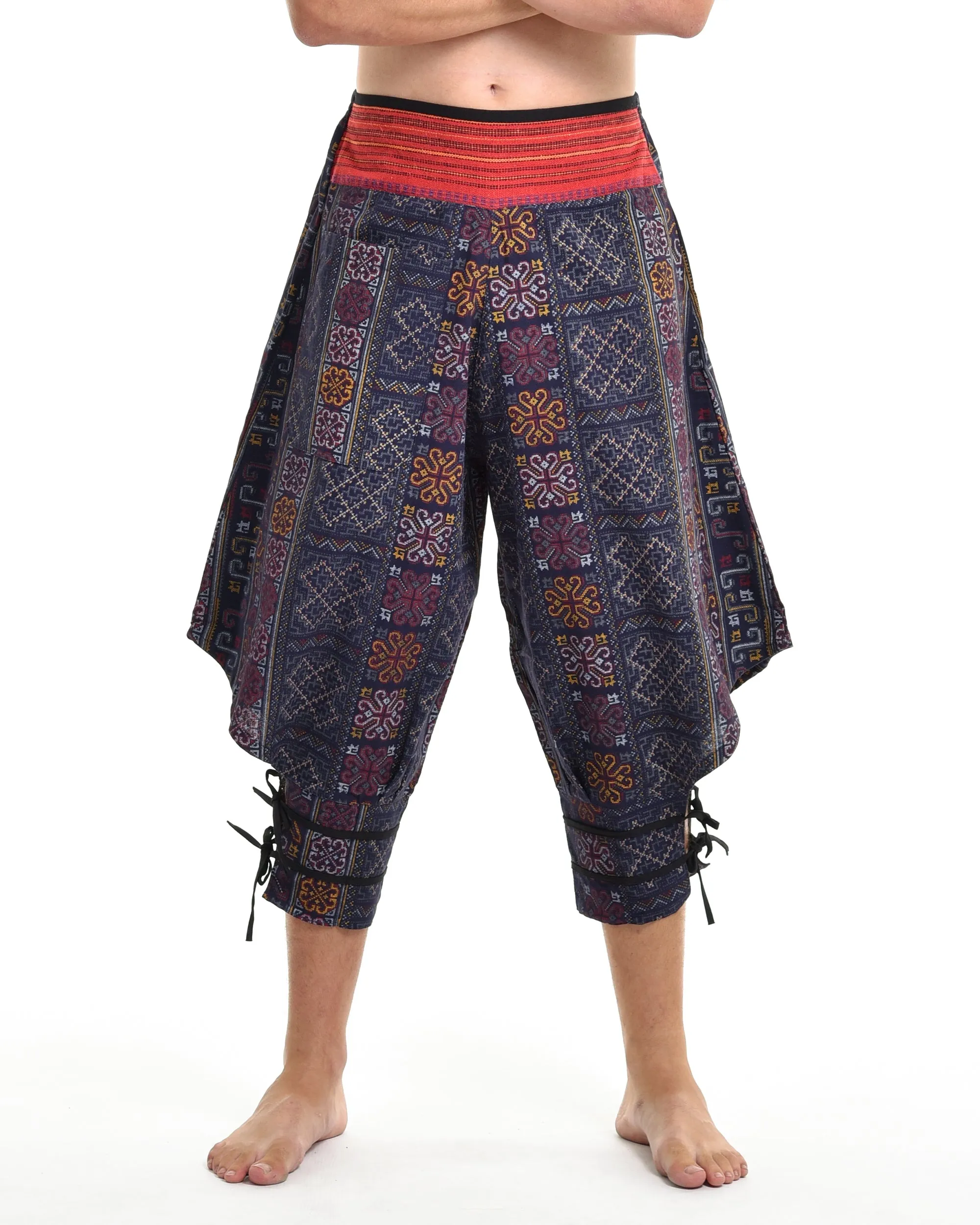 Clovers Thai Hill Tribe Fabric Men's Harem Pants with Ankle Straps in Blue