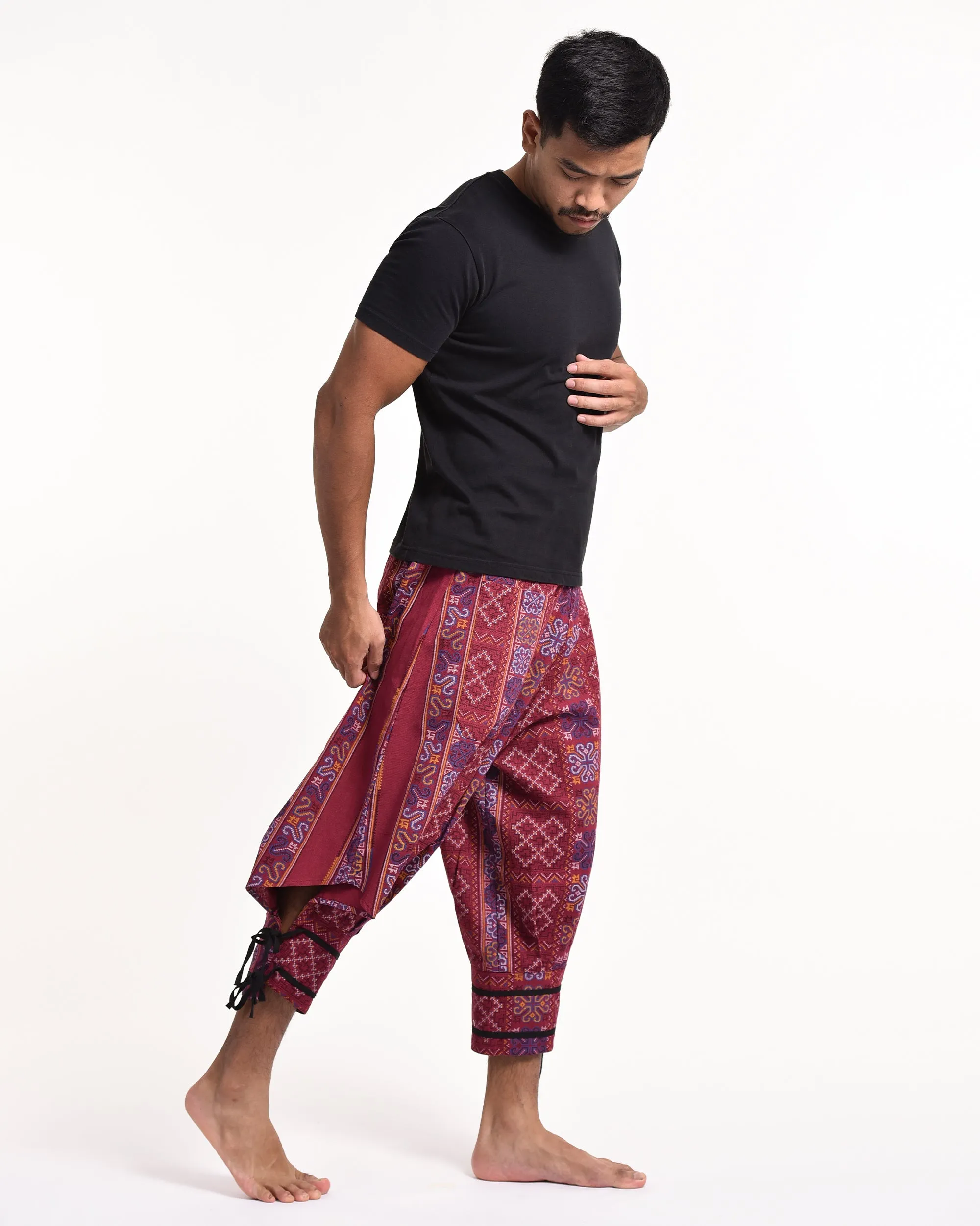 Clovers Thai Hill Tribe Fabric Men's Harem Pants with Ankle Straps in Maroon