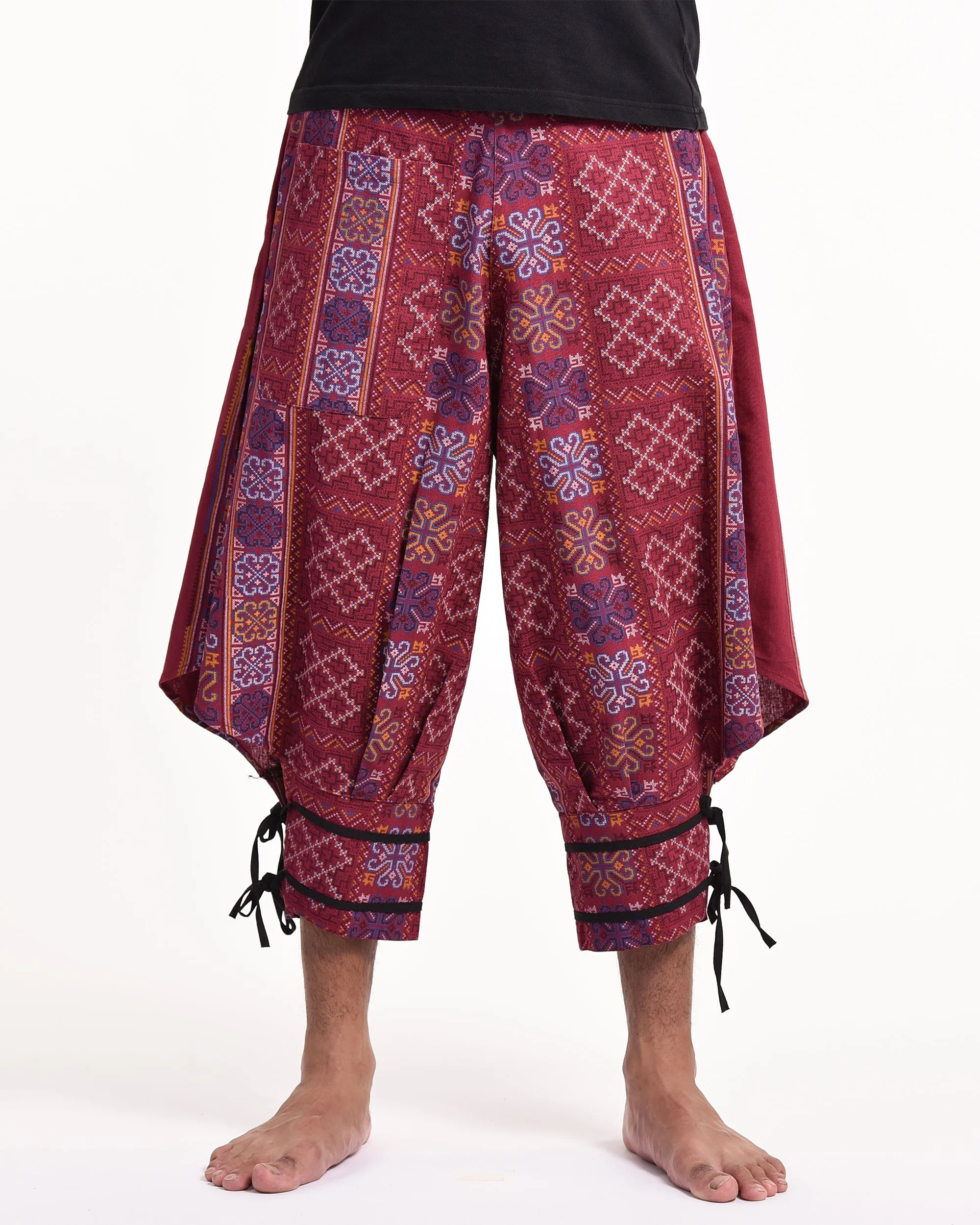 Clovers Thai Hill Tribe Fabric Men's Harem Pants with Ankle Straps in Maroon