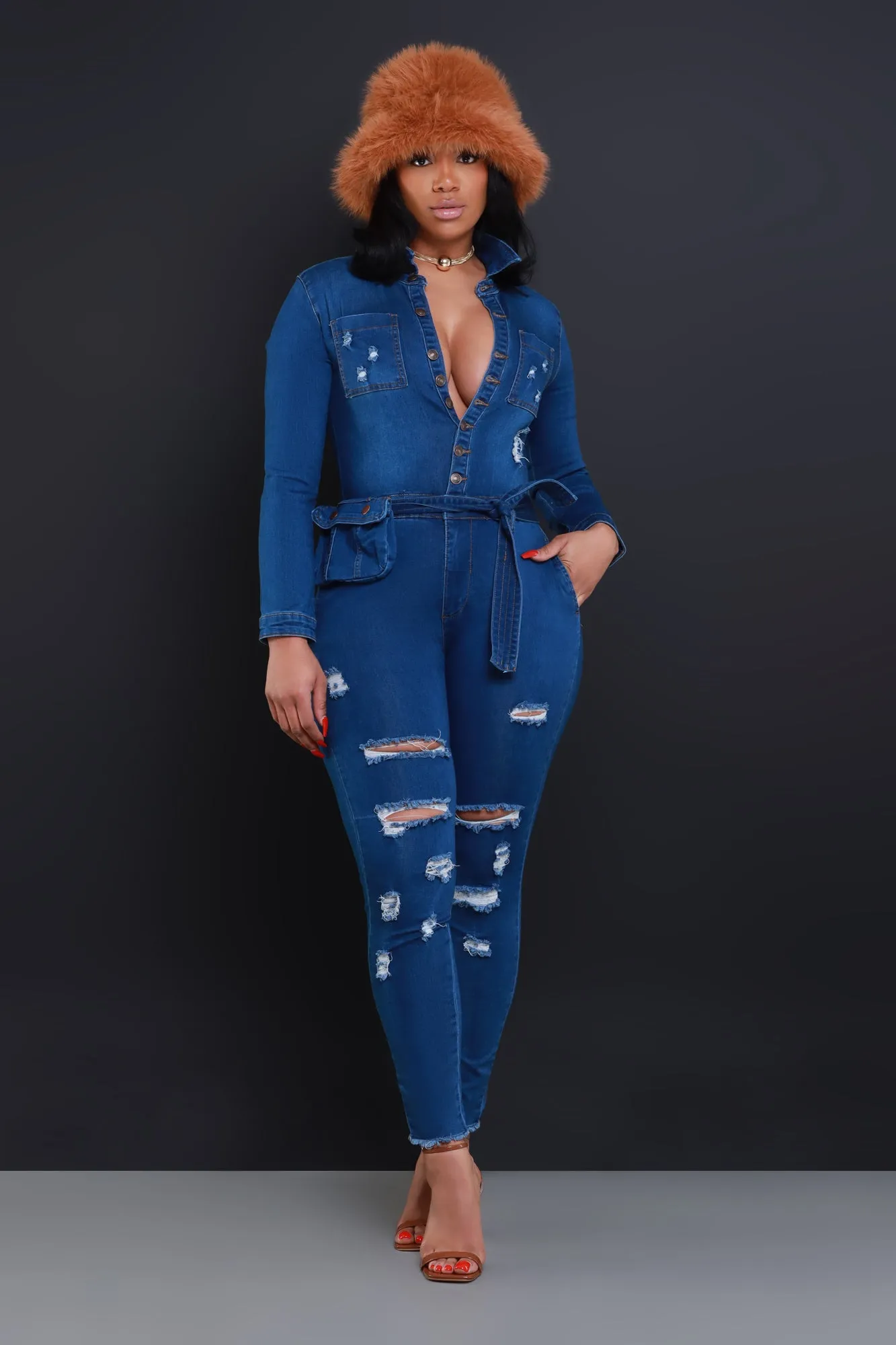 Declare Distressed Denim Jumpsuit - Mid Wash