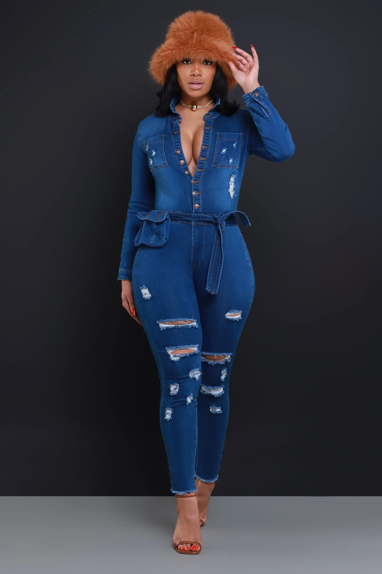 Declare Distressed Denim Jumpsuit - Mid Wash