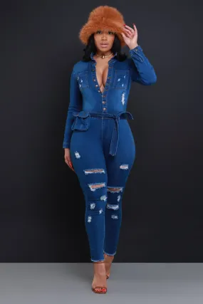 Declare Distressed Denim Jumpsuit - Mid Wash