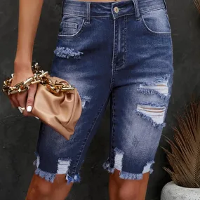 Distressed Frayed Hem Denim Bermuda Shorts