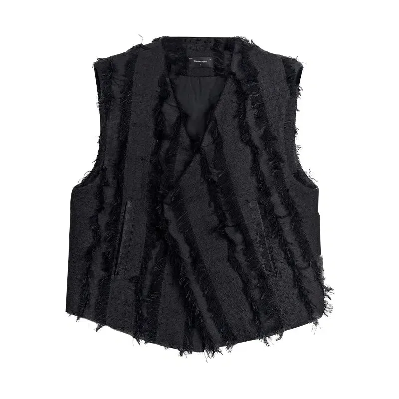 Distressed Fuzz Lines Buttoned Vest