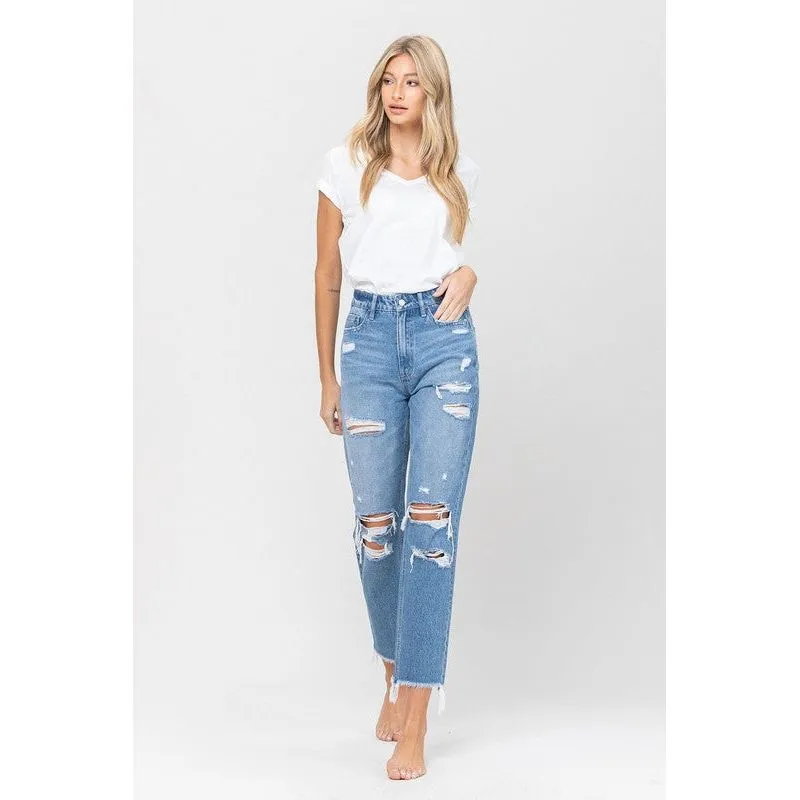 DISTRESSED RAW HEM MOM JEANS