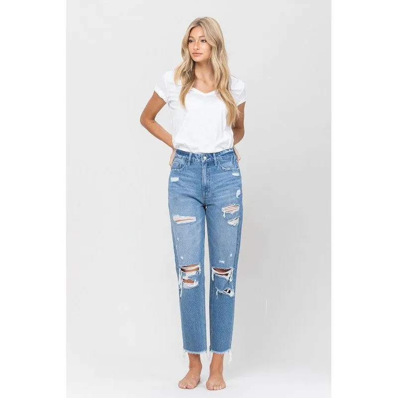 DISTRESSED RAW HEM MOM JEANS