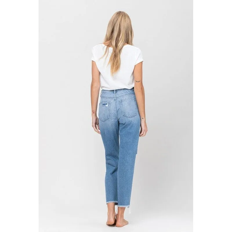 DISTRESSED RAW HEM MOM JEANS