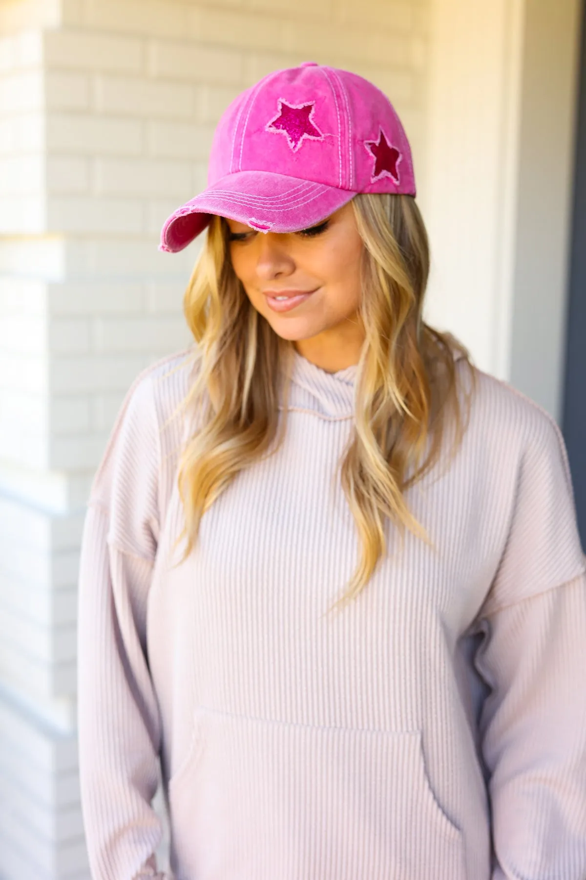 Fuchsia Glitter Star Distressed Baseball Cap