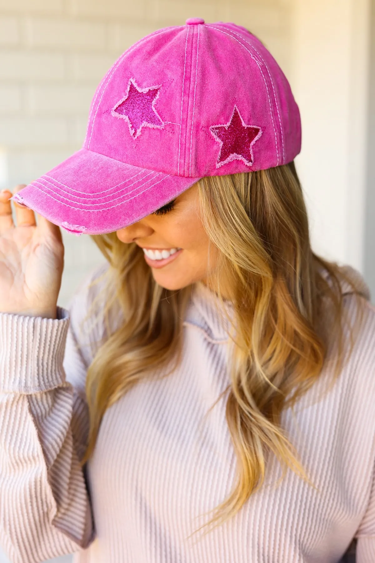 Fuchsia Glitter Star Distressed Baseball Cap