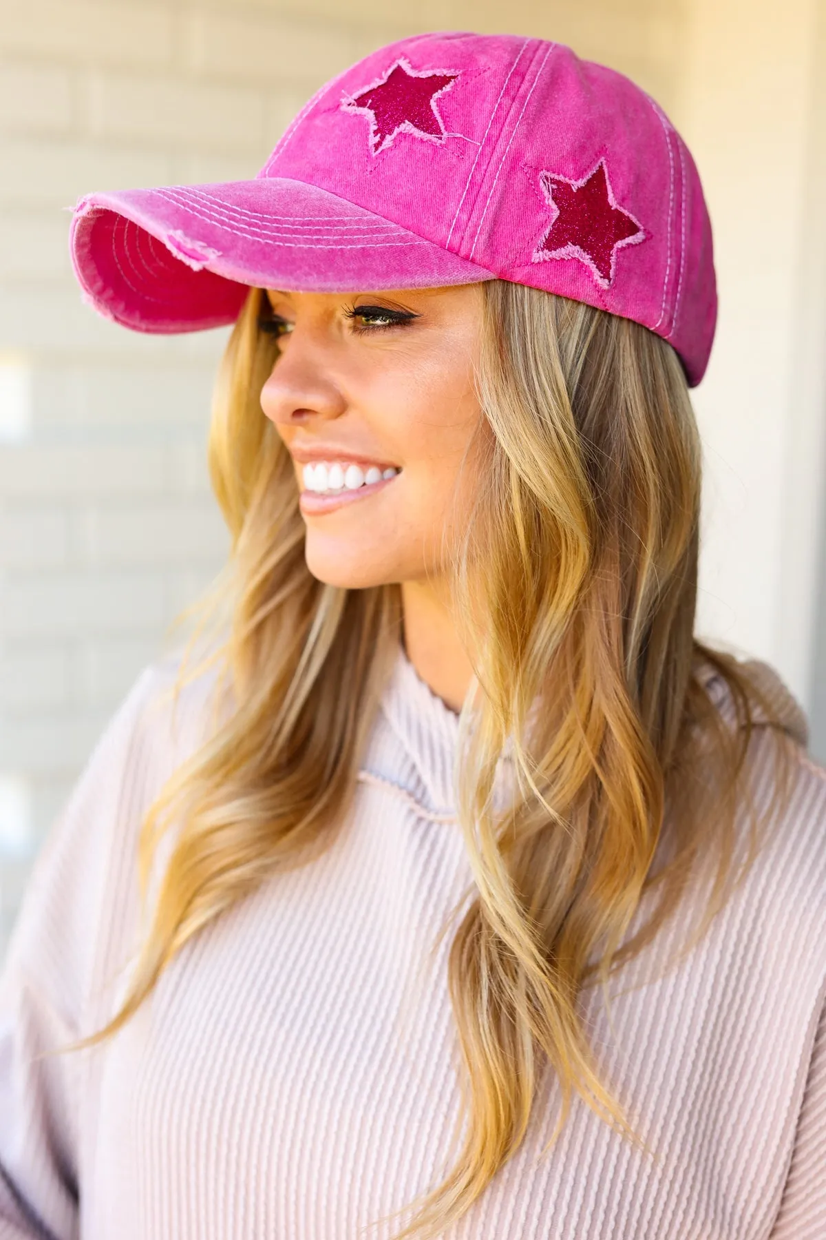 Fuchsia Glitter Star Distressed Baseball Cap