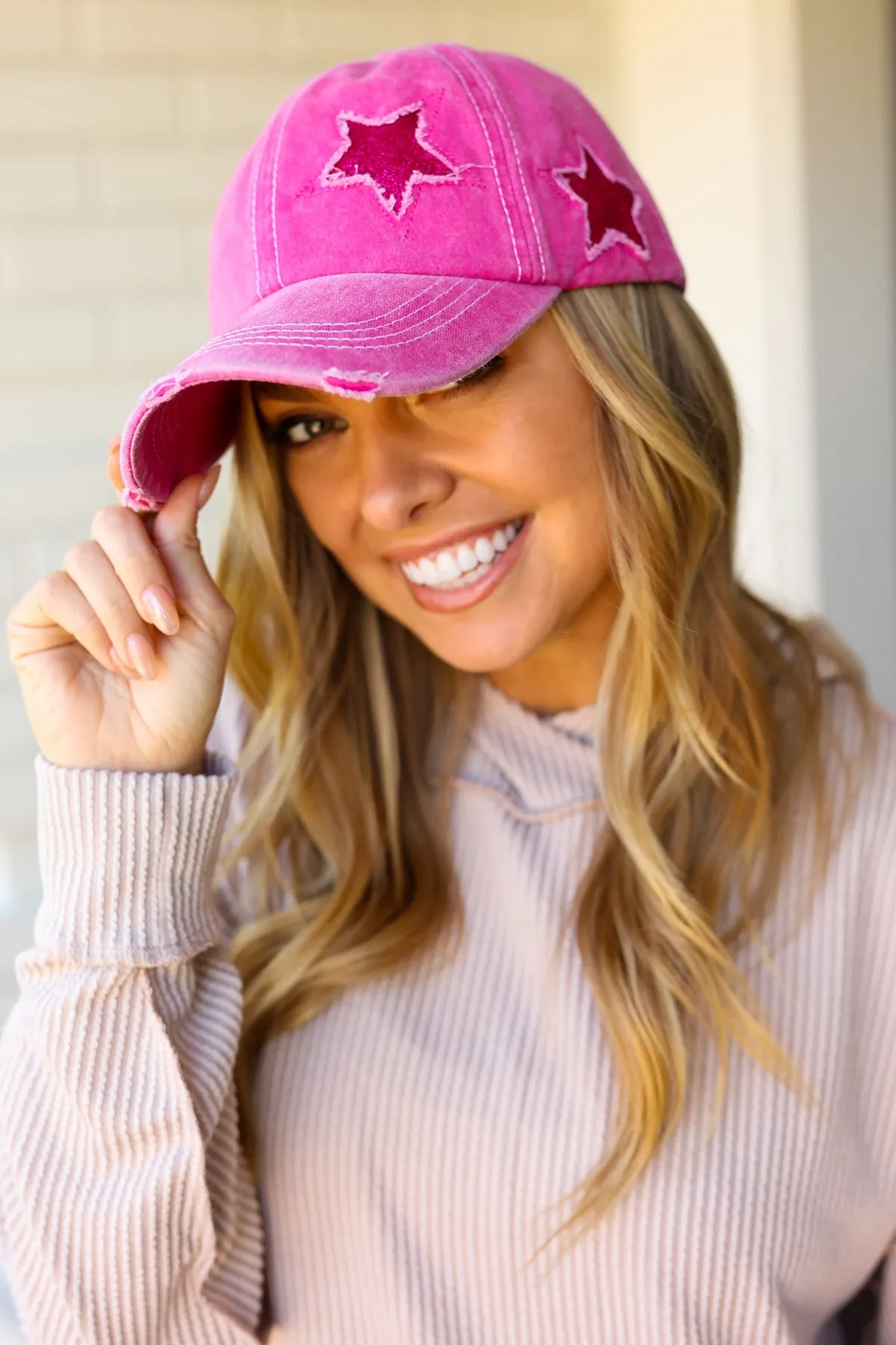 Fuchsia Glitter Star Distressed Baseball Cap