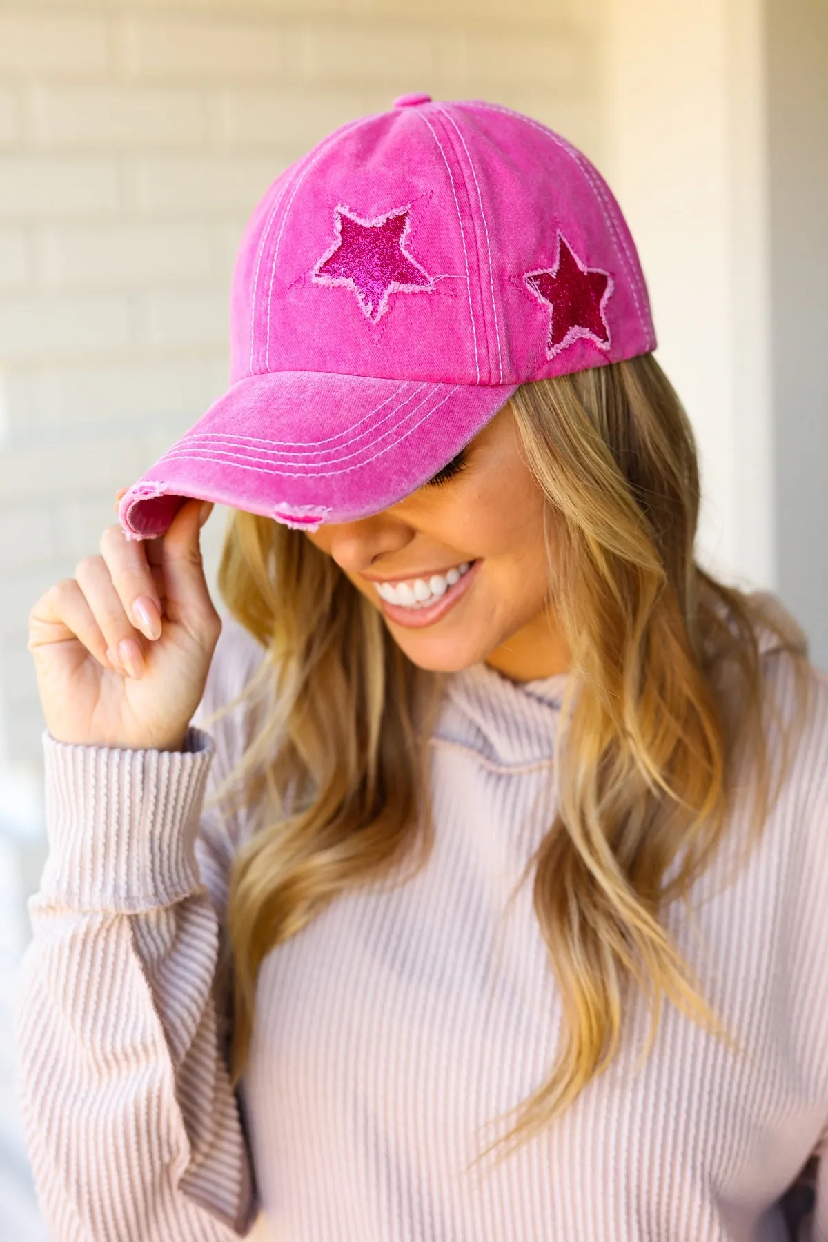 Fuchsia Glitter Star Distressed Baseball Cap