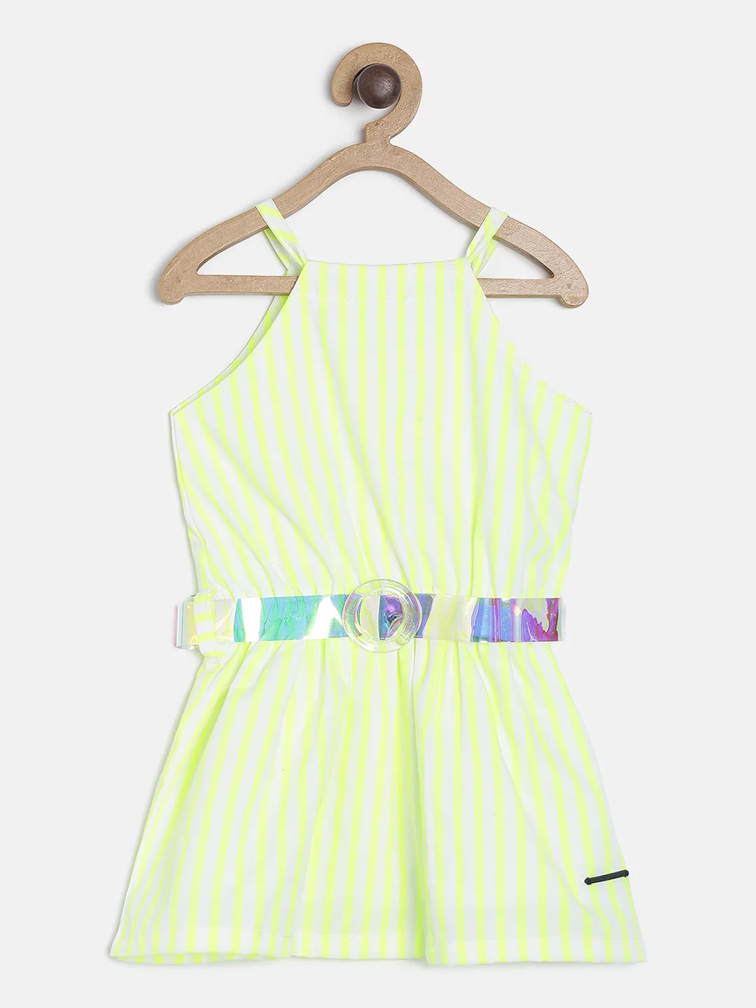 GIRLS NEON GREEN CASUAL DRESS WITH HOLOGRAPHIC BELT