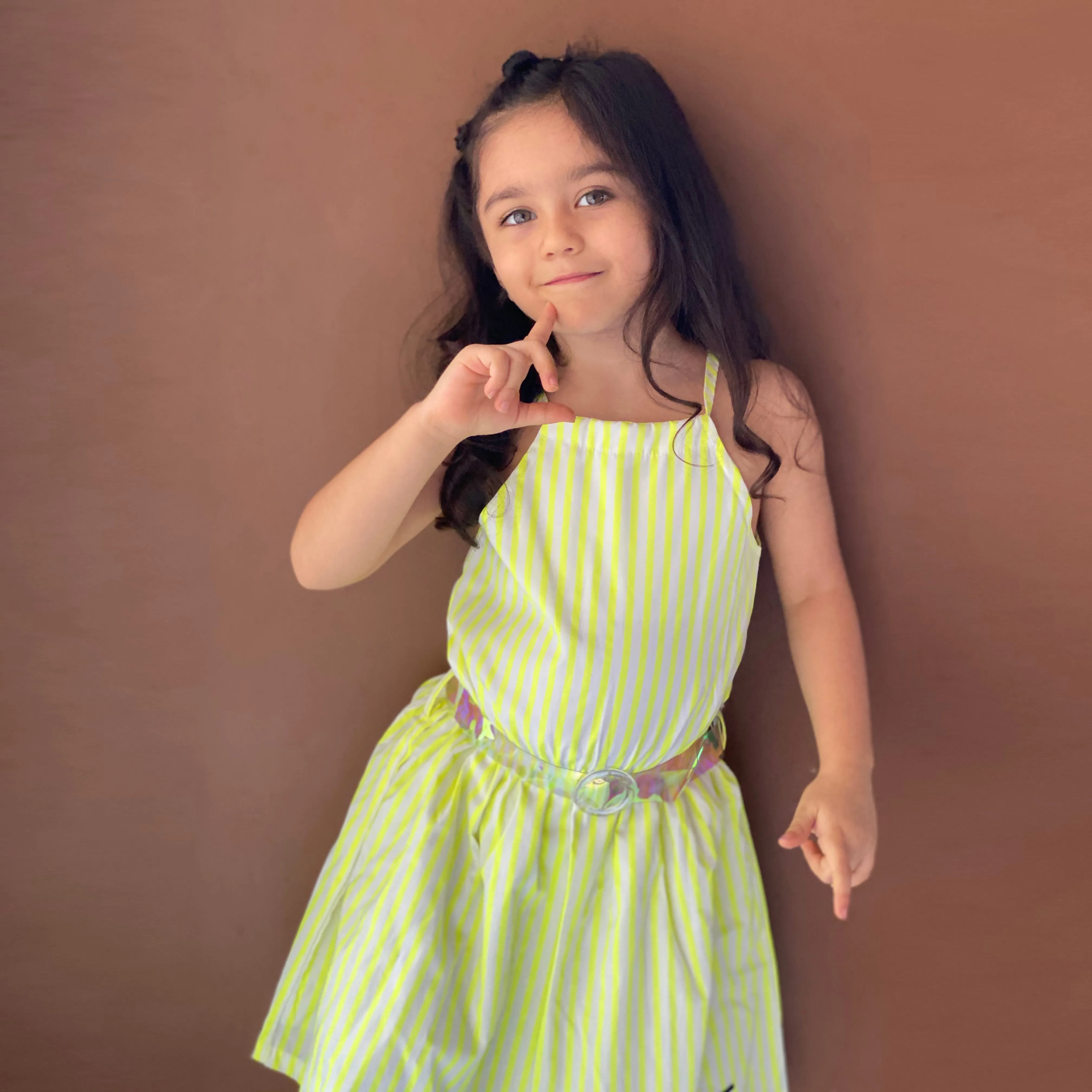 GIRLS NEON GREEN CASUAL DRESS WITH HOLOGRAPHIC BELT