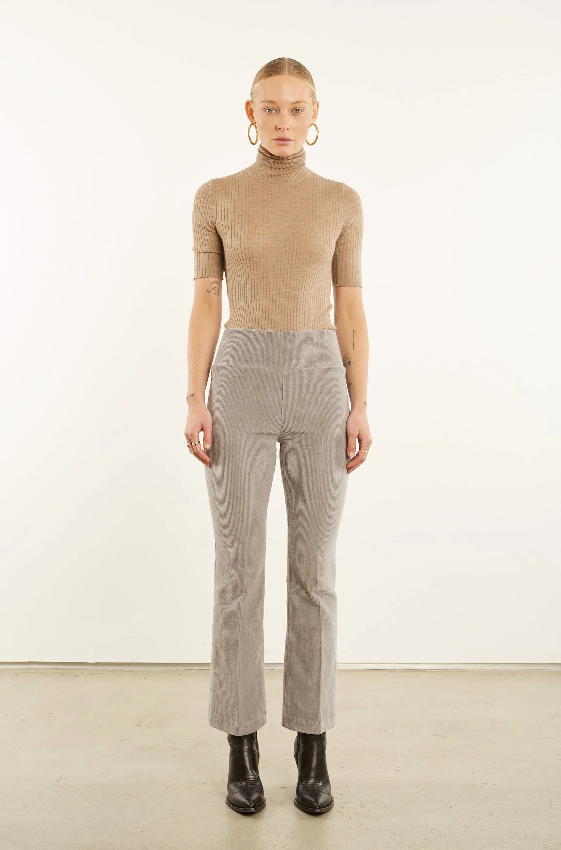 Grey Corduroy Ankle Flare Pants