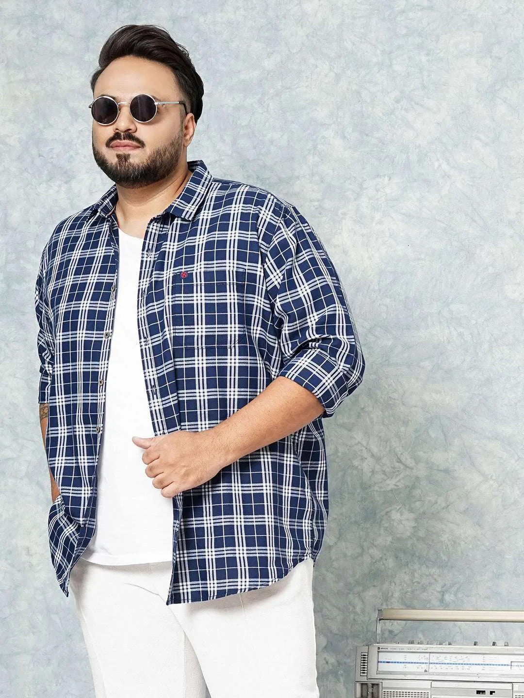 Hardsoda Men Navy Plus Size Checked Casual Shirt