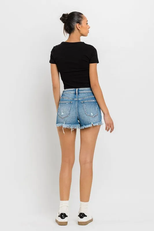 High Rise Distressed Criss Cross Shorts