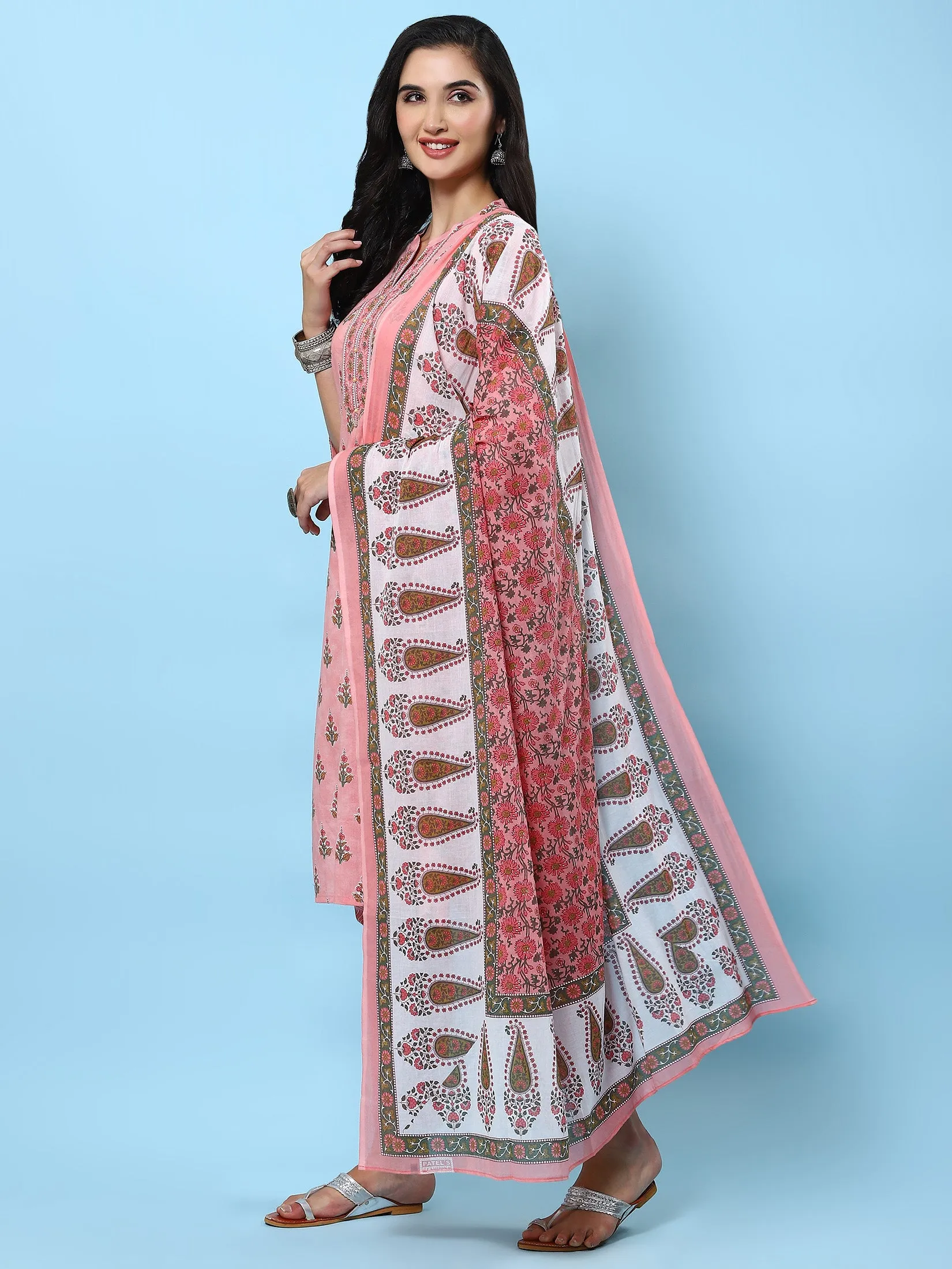 Indiessence Women Peach Printed Kurta Trouser Dupatta