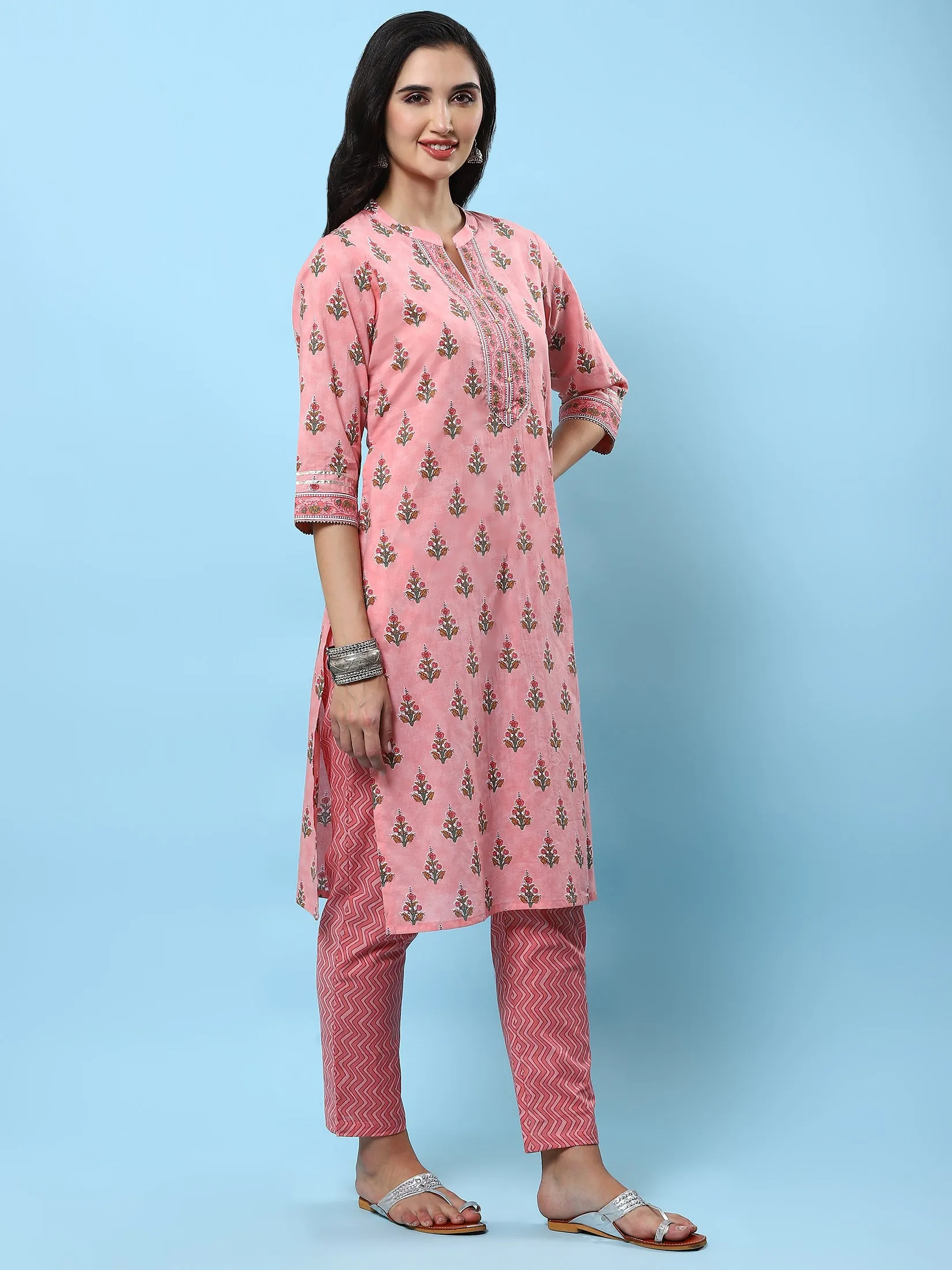 Indiessence Women Peach Printed Kurta Trouser Dupatta