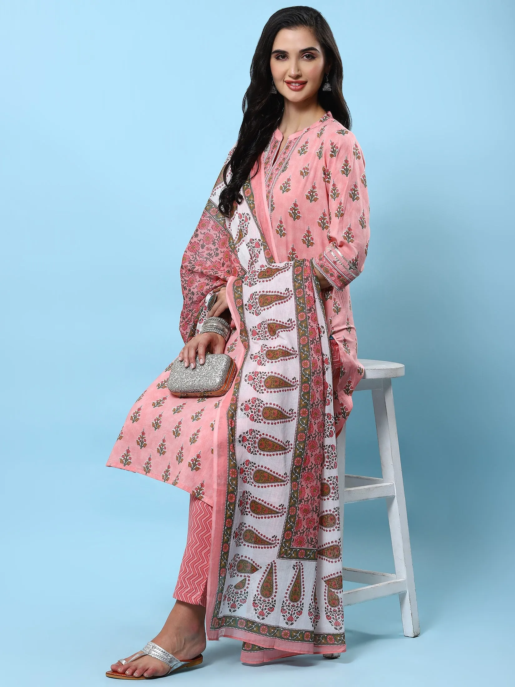 Indiessence Women Peach Printed Kurta Trouser Dupatta