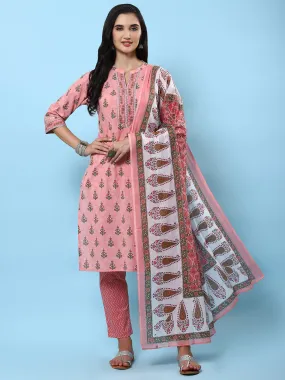 Indiessence Women Peach Printed Kurta Trouser Dupatta