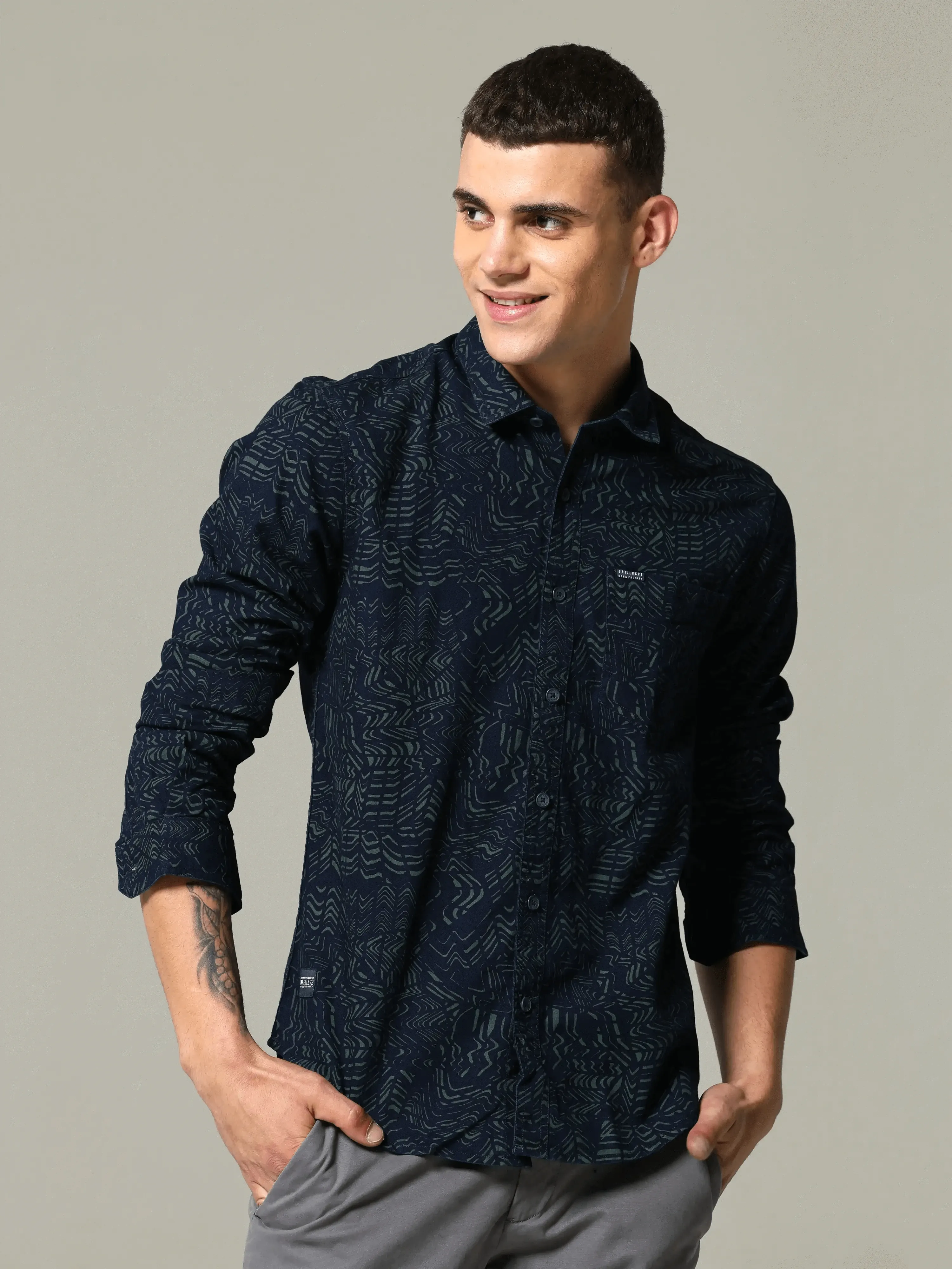 Indigo tribal tattoo printed full sleeve casual shirt