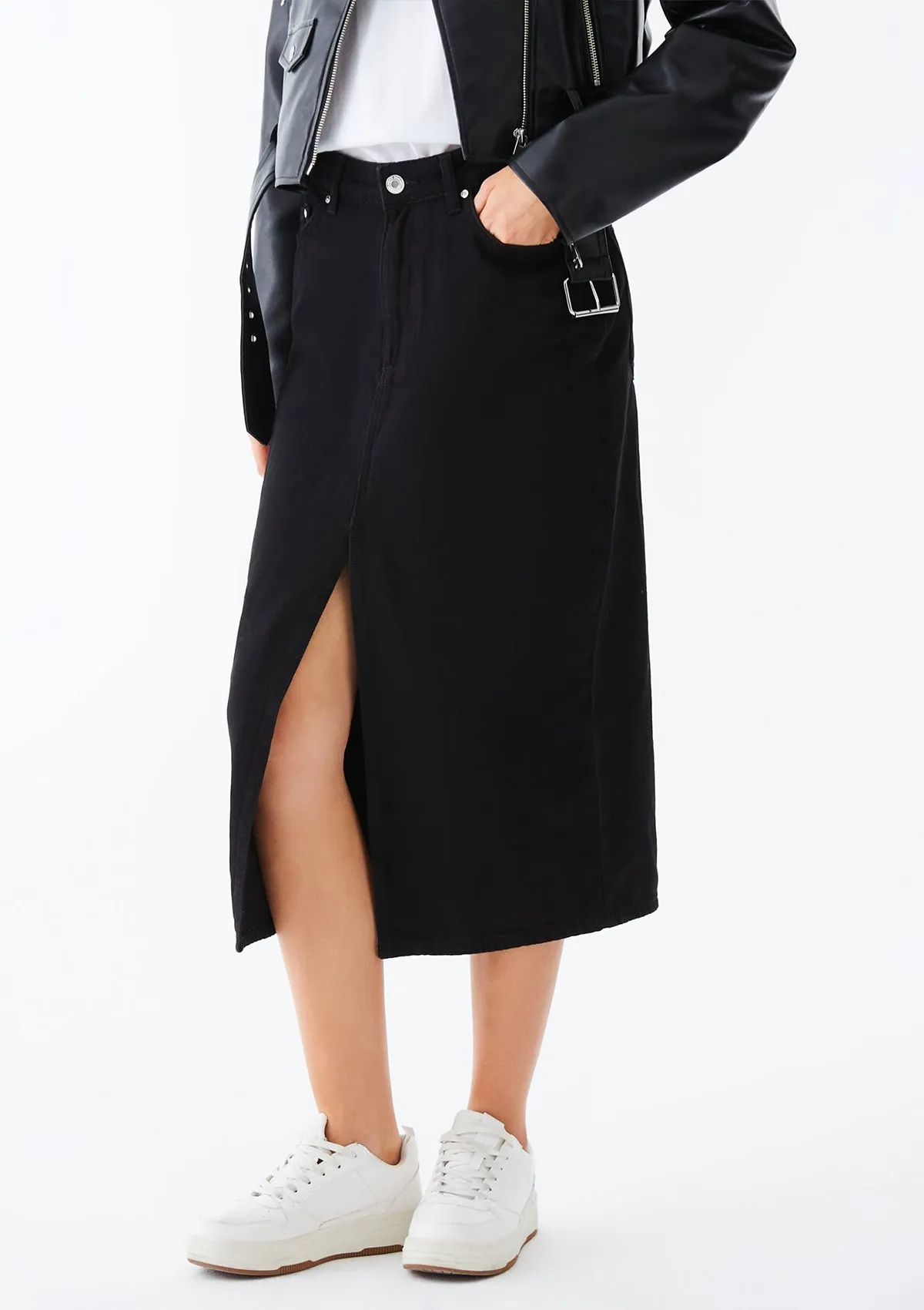 Irene Black Slit Midi Jean Skirt