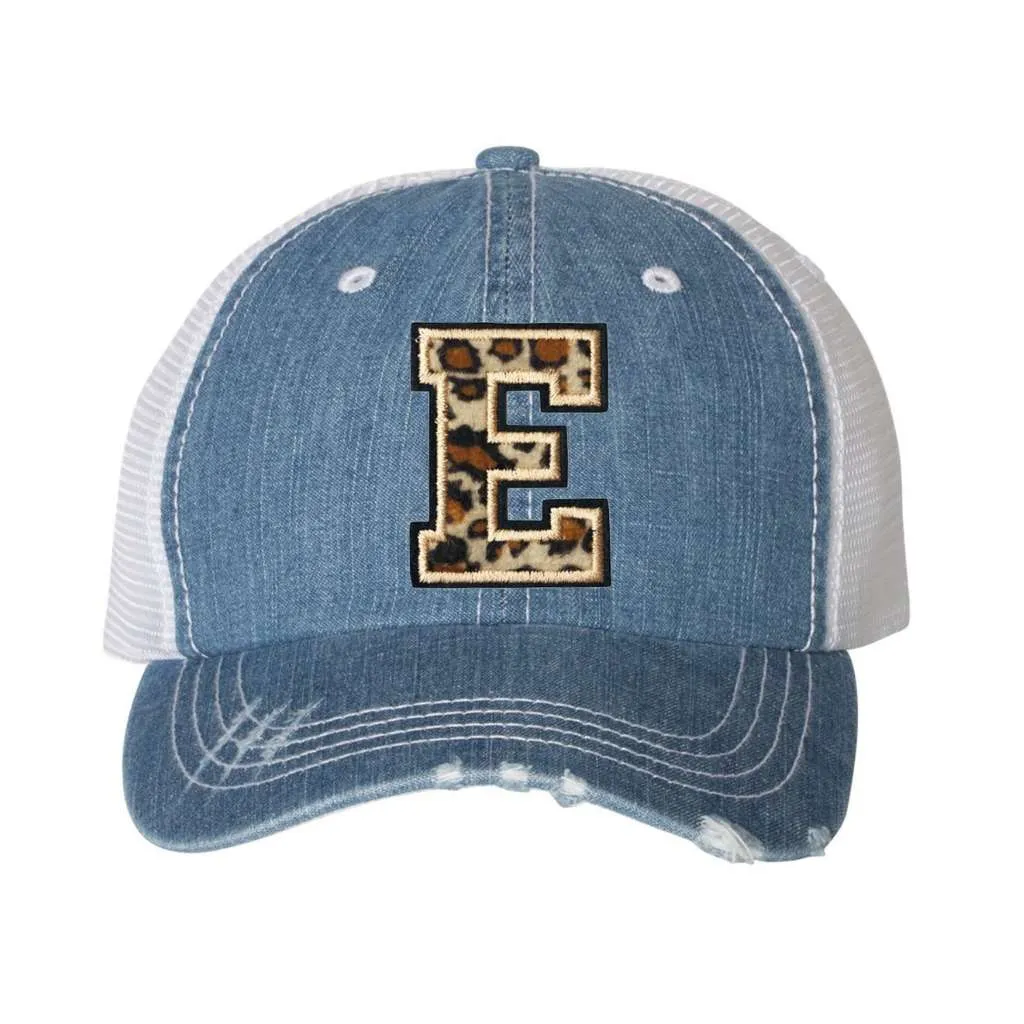 Leopard Initial Patch Washed Distressed Trucker Hat