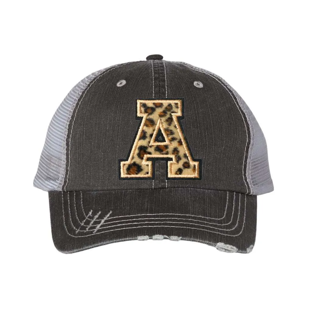 Leopard Initial Patch Washed Distressed Trucker Hat