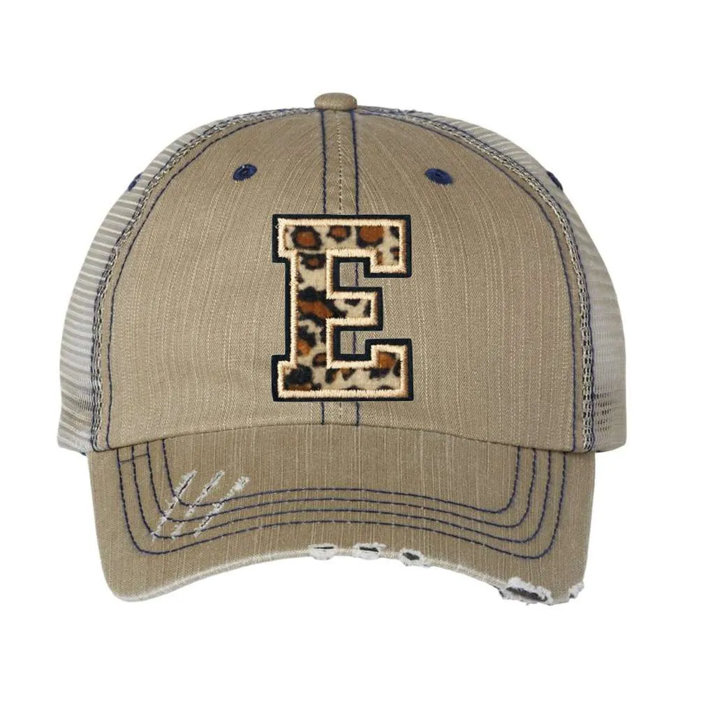 Leopard Initial Patch Washed Distressed Trucker Hat