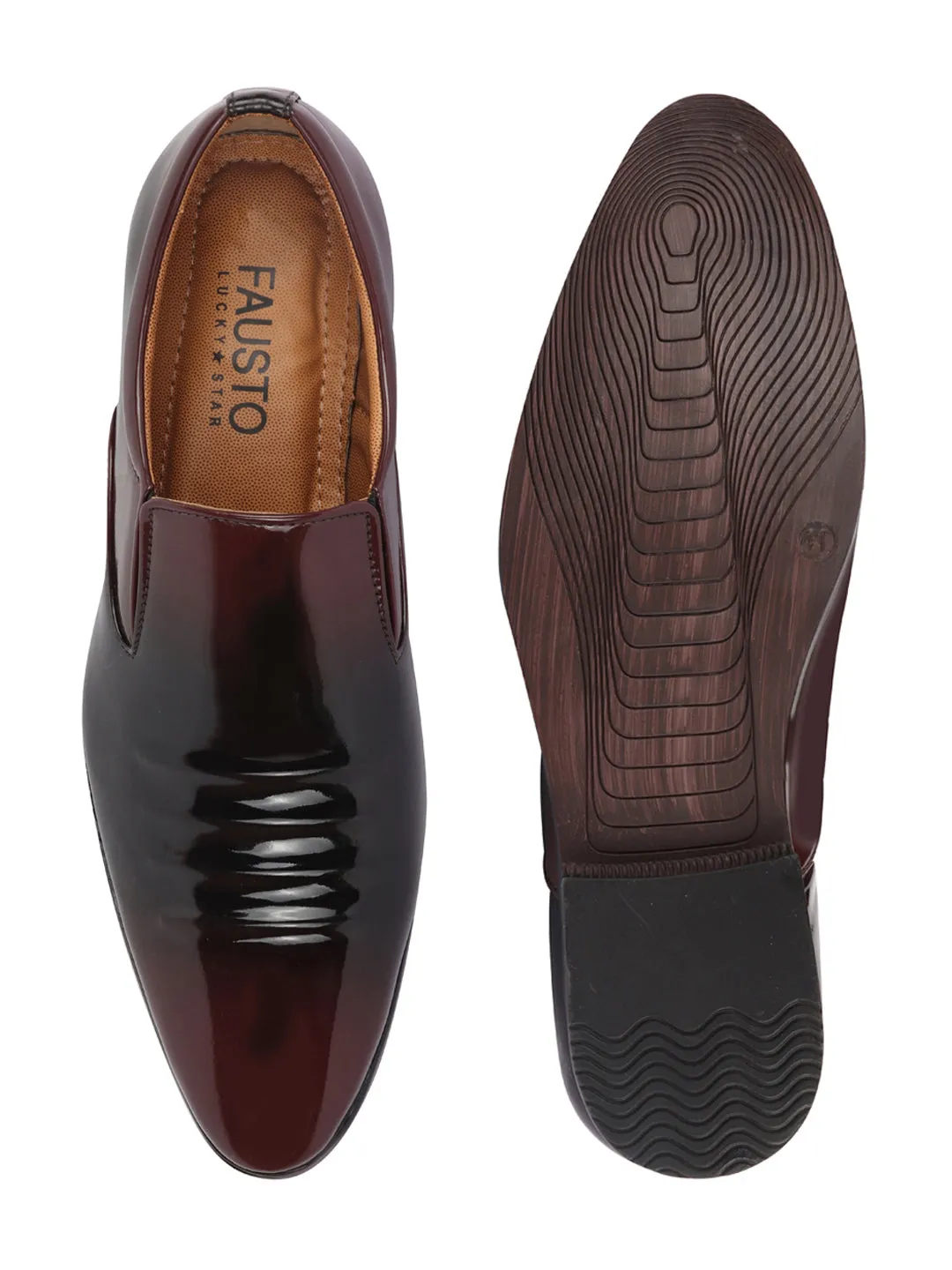 Men Brown Casual Patent Leather Slip-On Loafers