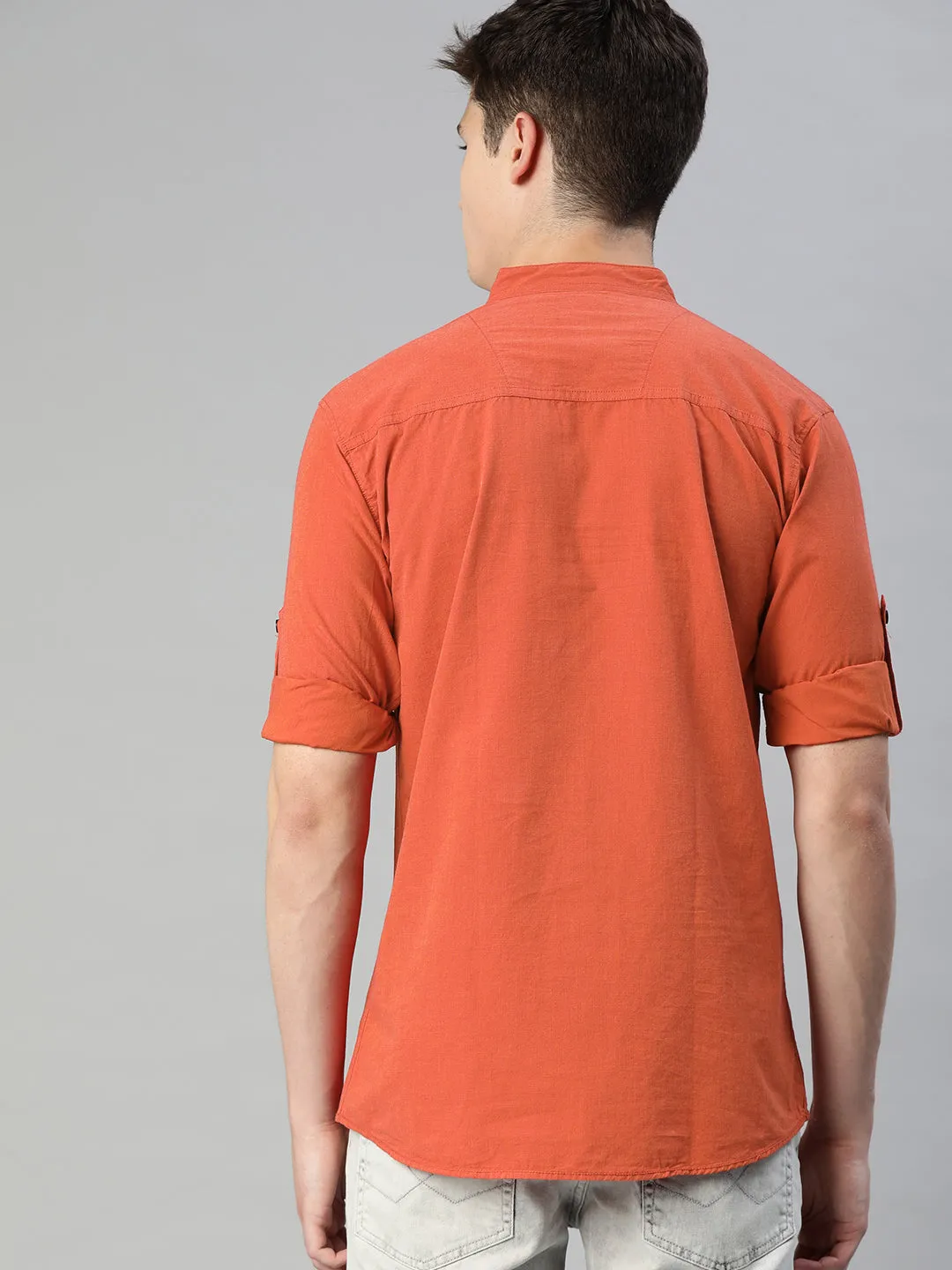 Men Rust Orange Slim Fit Solid Casual Shirt