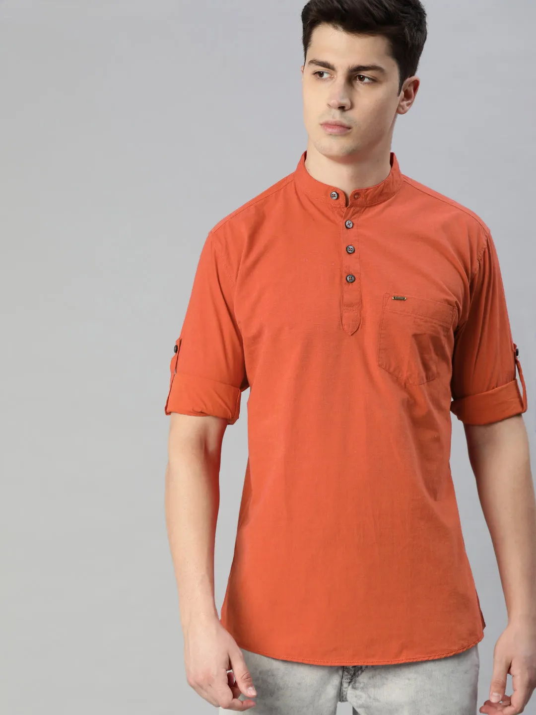 Men Rust Orange Slim Fit Solid Casual Shirt