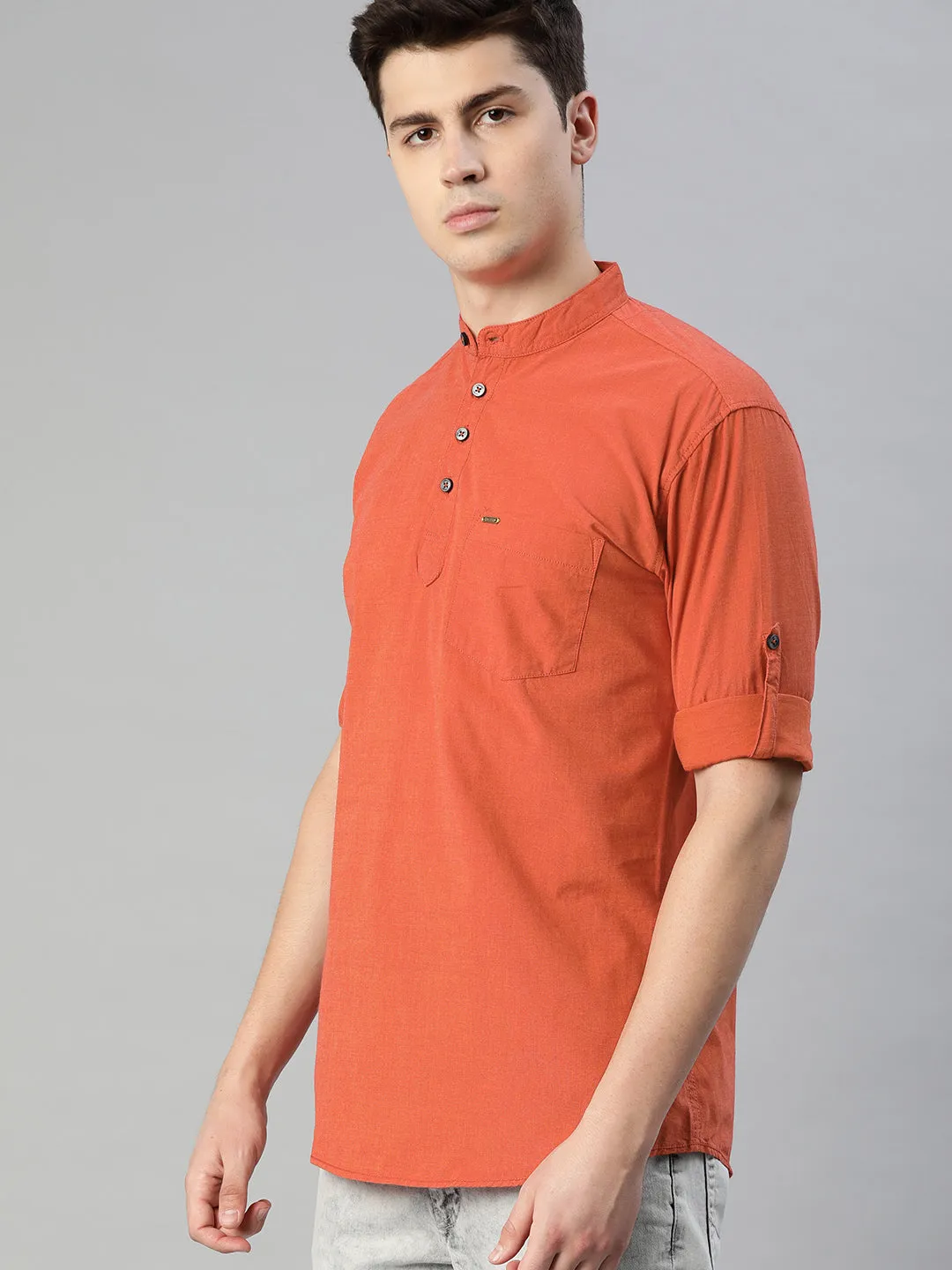 Men Rust Orange Slim Fit Solid Casual Shirt