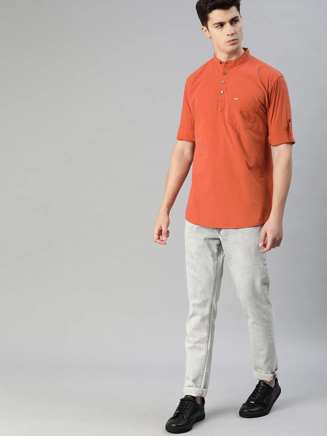 Men Rust Orange Slim Fit Solid Casual Shirt