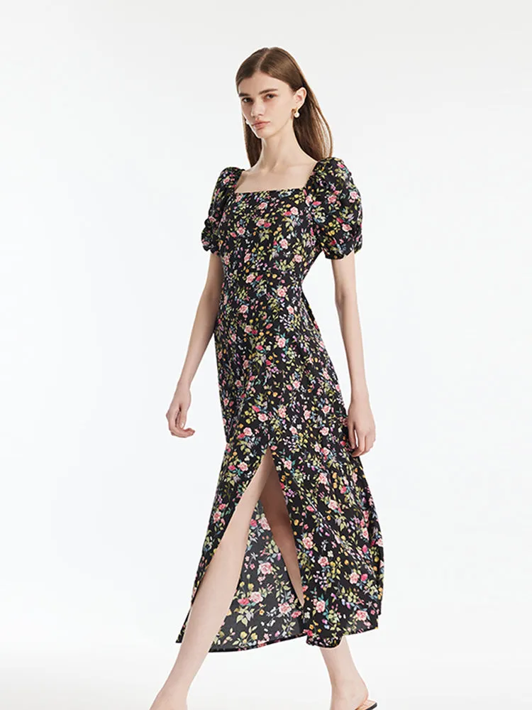 Mulberry Silk Rose Printed Women Maxi Dress