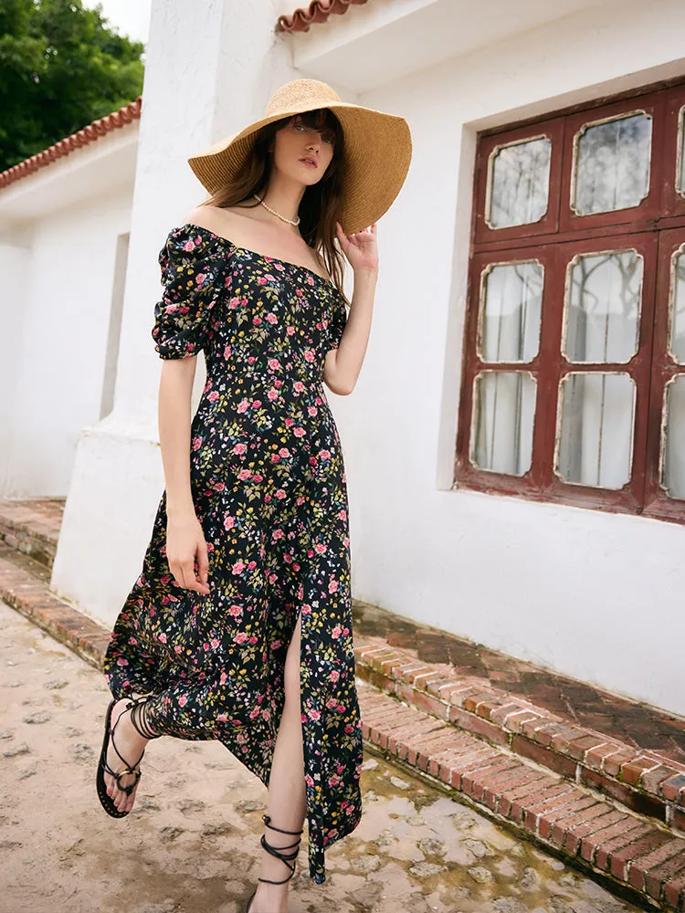 Mulberry Silk Rose Printed Women Maxi Dress